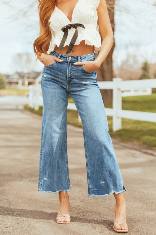 Risen Cropped Frayed Slit Hem Stretchy Wide Jeans sold by Lime Lush
