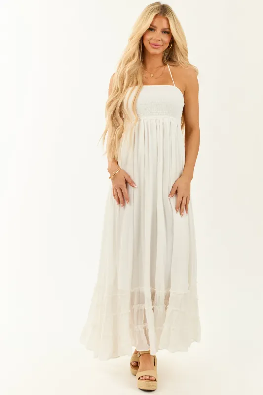 Off White Halter Neck Tiered Flowy Maxi Dress sold by Lime Lush