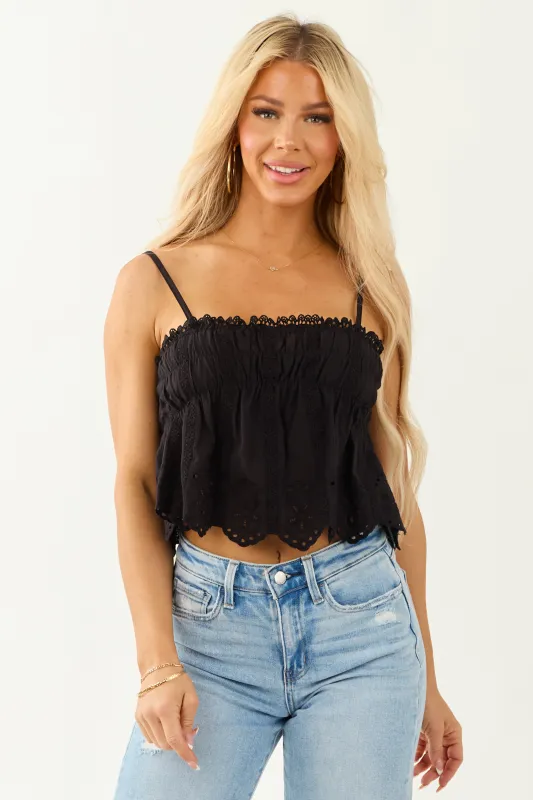 Black Eyelet Lace Trim Sleeveless Ruffle Blouse sold by Lime Lush