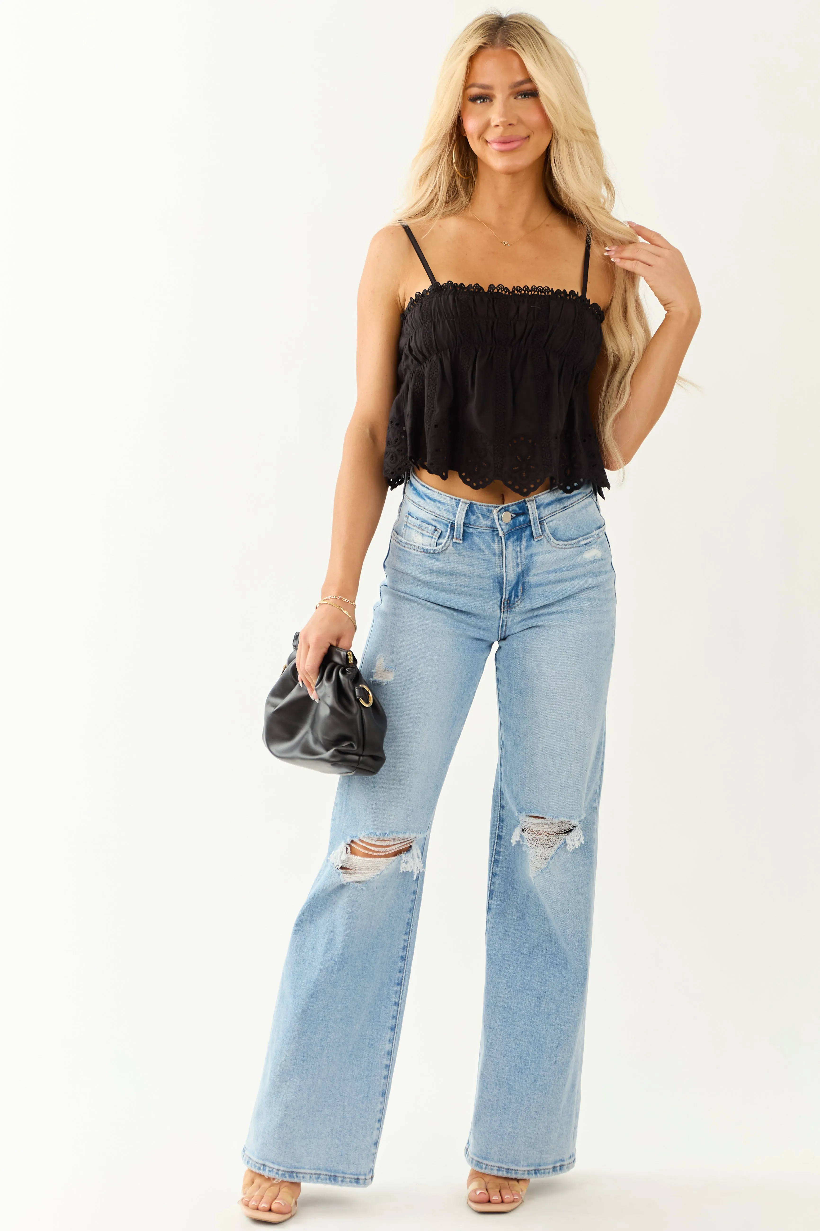 Black Eyelet Lace Trim Sleeveless Ruffle Blouse sold by Lime Lush product image thumbnail 2