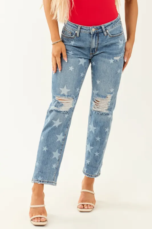 Saige Medium Wash Star Print Cuffed Boyfriend Jeans sold by Lime Lush