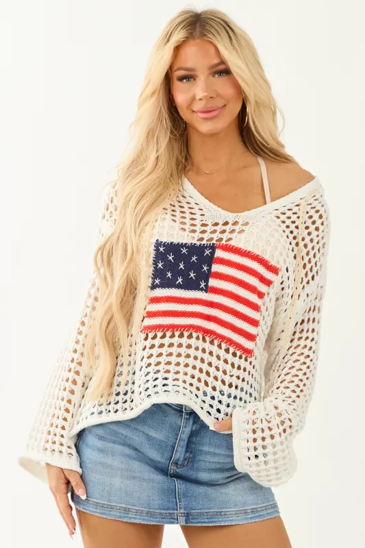 POL Ivory American Flag Open Knit Hoodie sold by Lime Lush