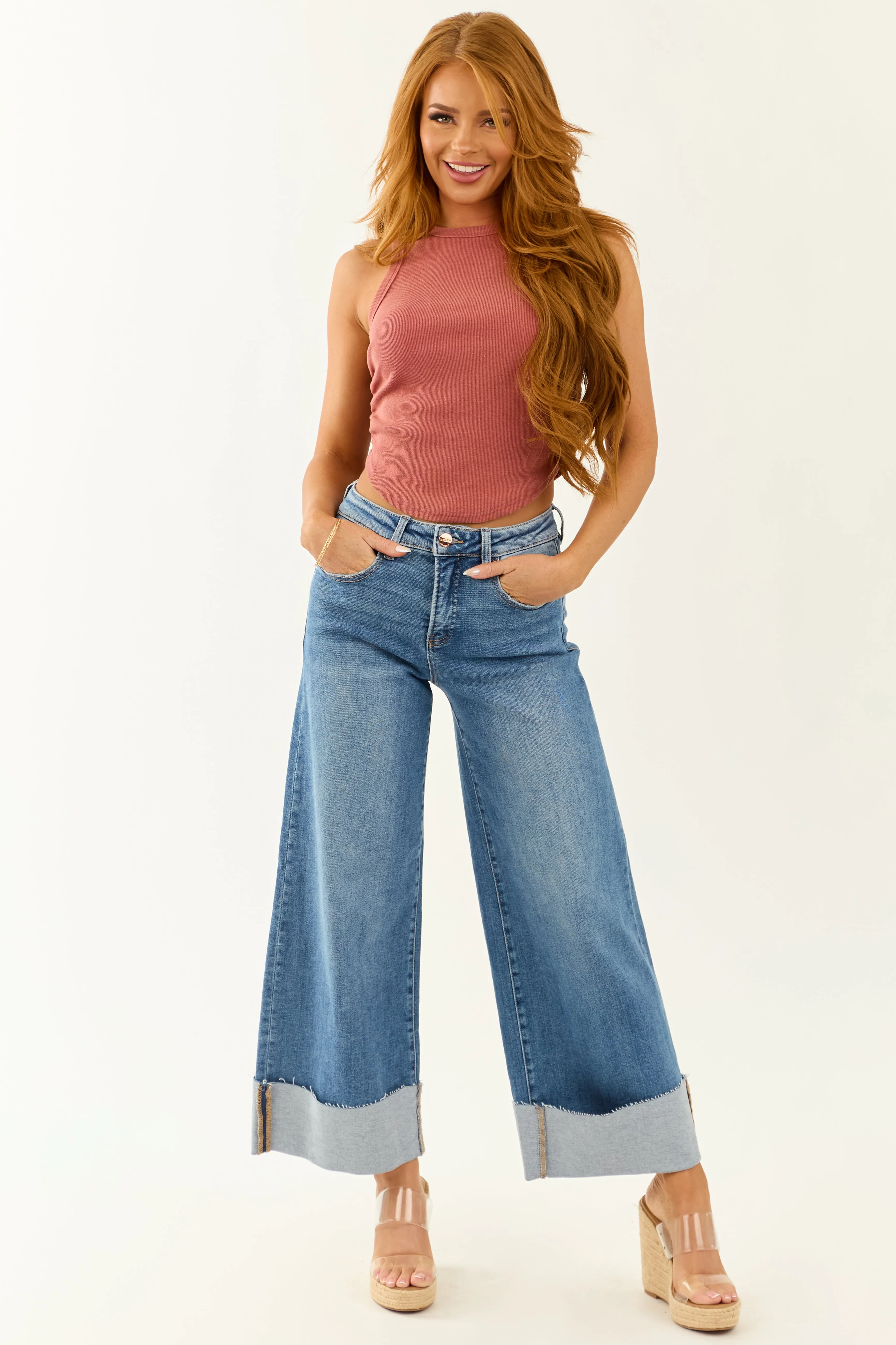 Risen Tummy Control Wide Leg Cuffed Stretchy Jeans sold by Lime Lush product image thumbnail 5