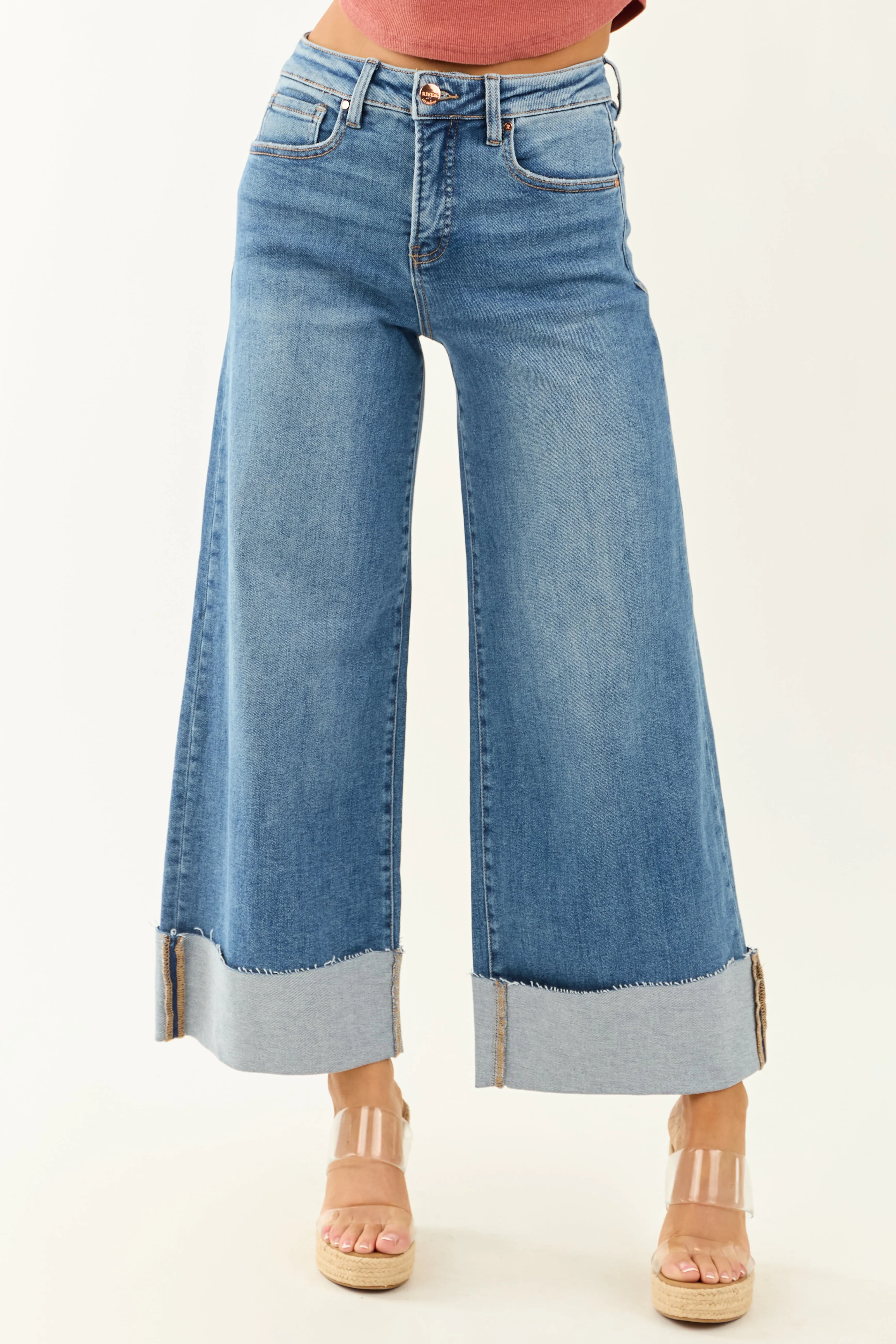 Risen Tummy Control Wide Leg Cuffed Stretchy Jeans sold by Lime Lush