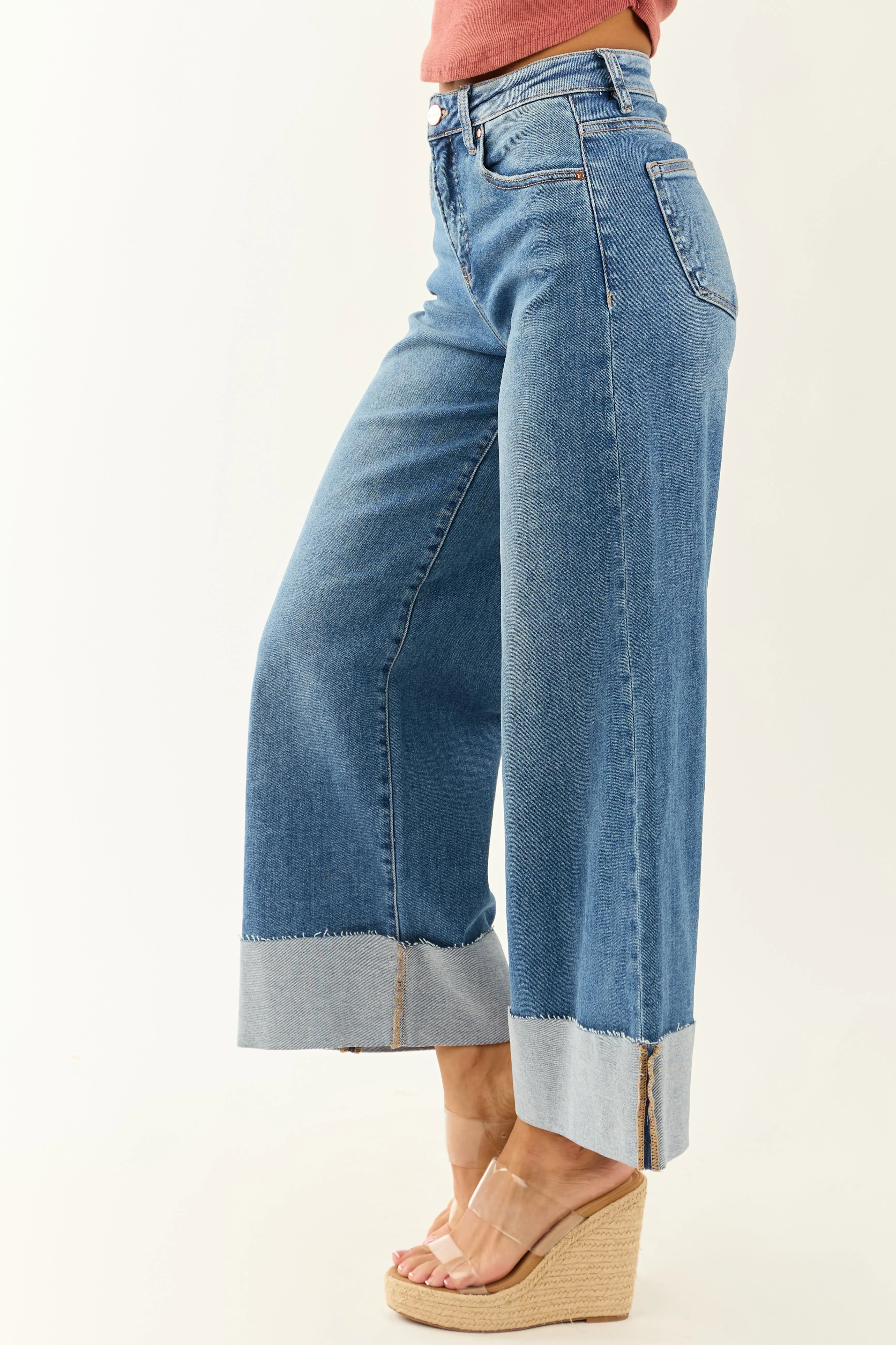 Risen Tummy Control Wide Leg Cuffed Stretchy Jeans sold by Lime Lush product image thumbnail 3