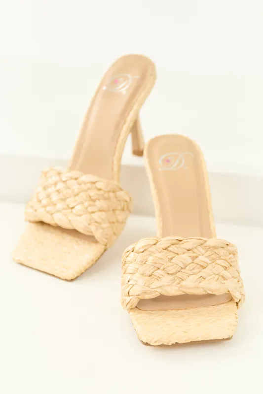 Light Desert Sand Woven Raffia Strap Stiletto Heels sold by Lime Lush