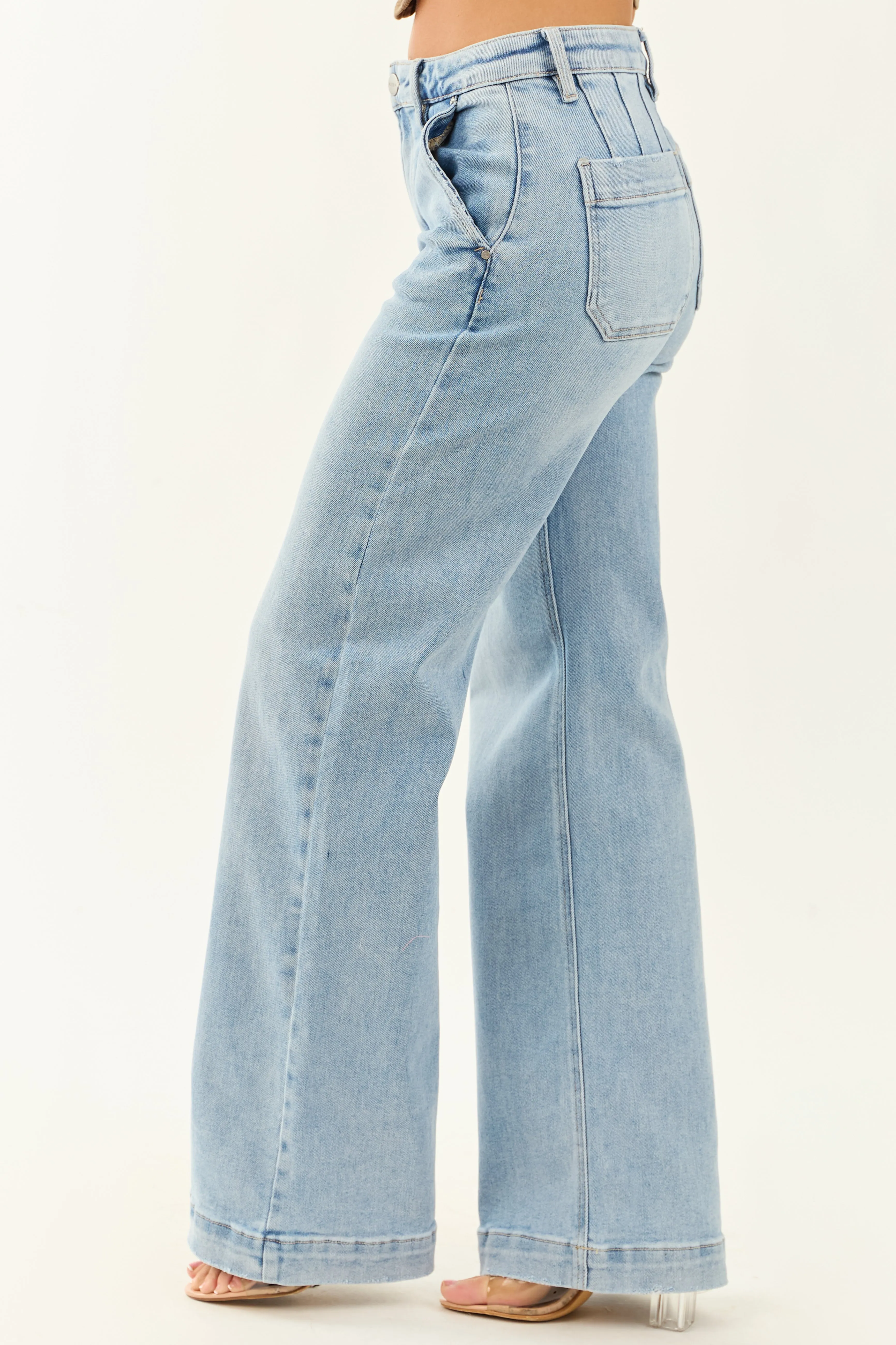 Risen Light Wash Stretchy Wide Leg Jeans sold by Lime Lush product image thumbnail 4