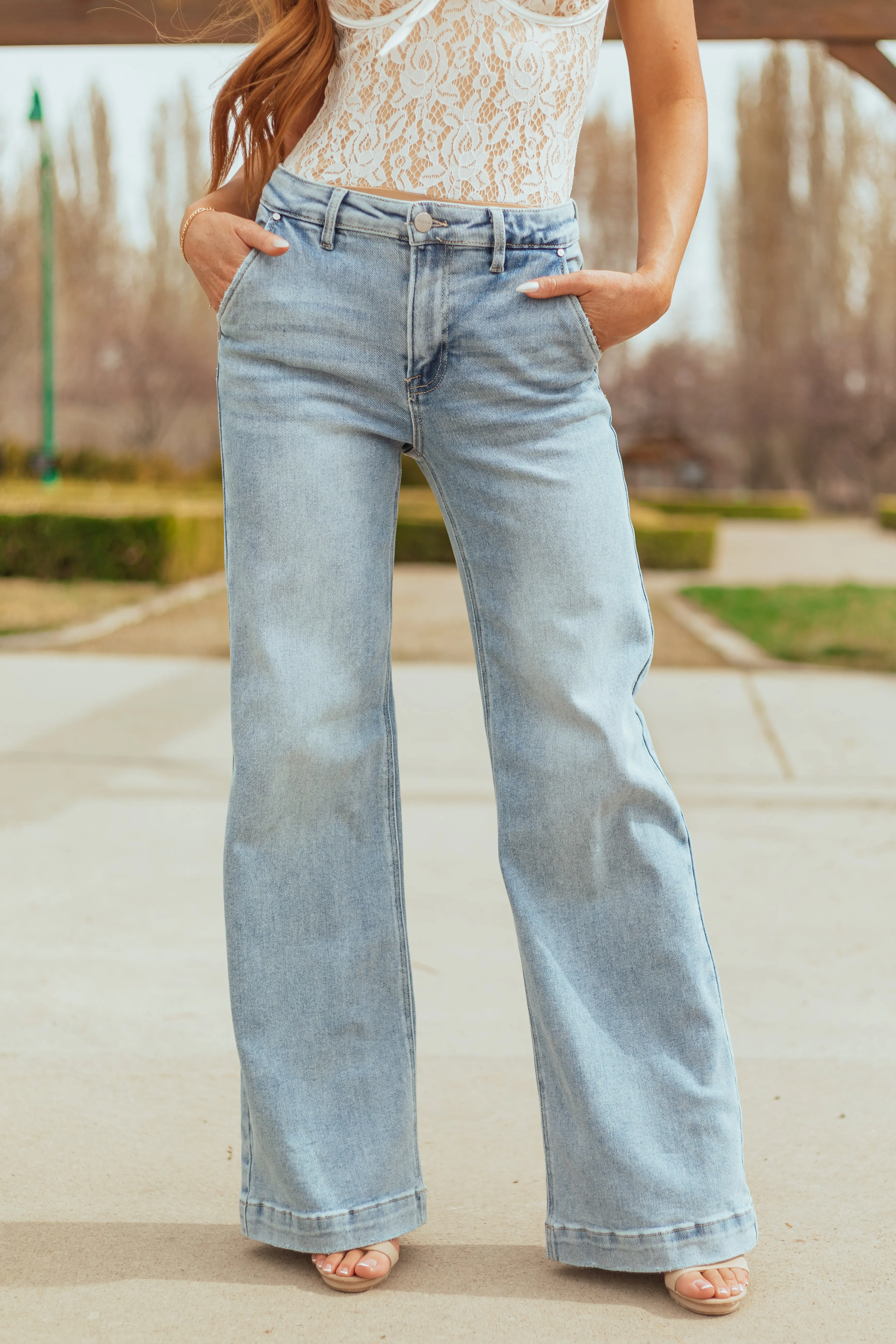 Risen Light Wash Stretchy Wide Leg Jeans sold by Lime Lush