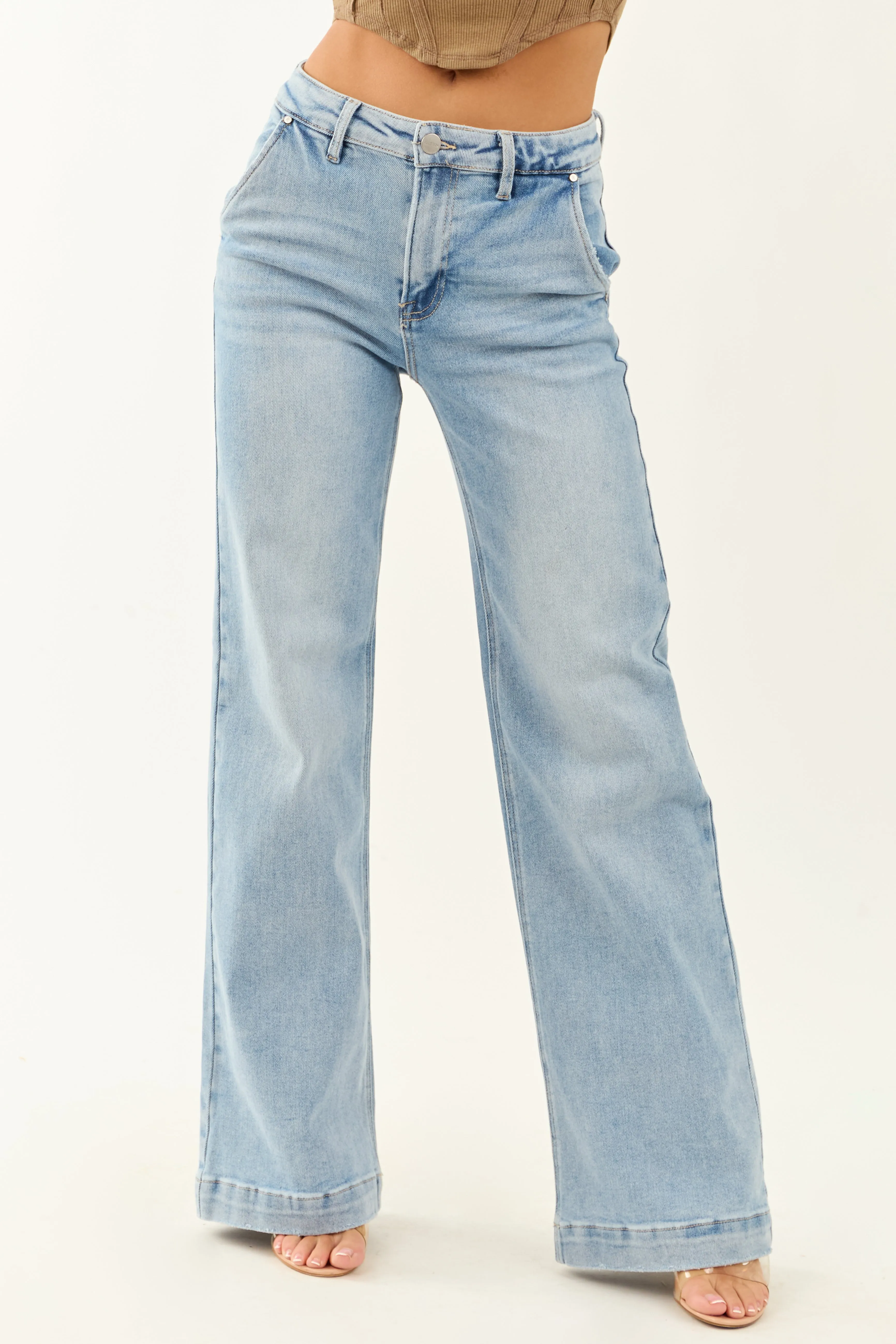 Risen Light Wash Stretchy Wide Leg Jeans sold by Lime Lush product image thumbnail 2