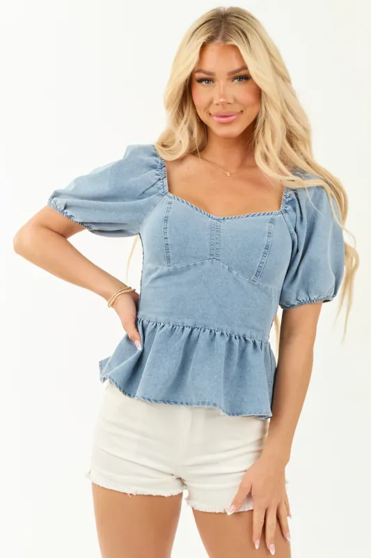 Medium Wash Chambray Denim Puff Sleeve Peplum Top sold by Lime Lush