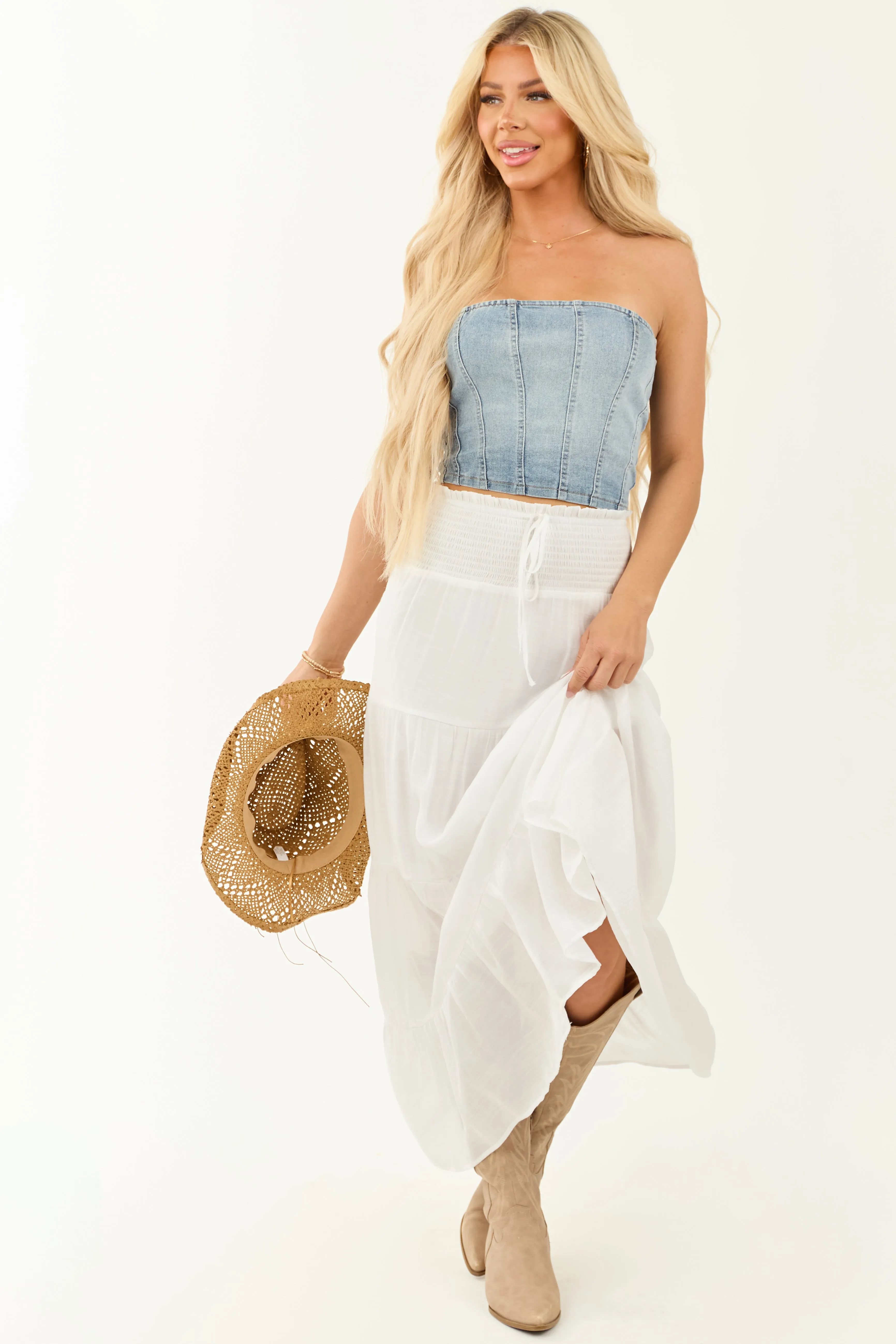 White Smocked Waist Tiered Maxi Skirt sold by Lime Lush