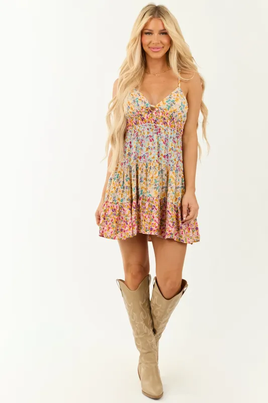 Ivory Floral Print V Neck Sleeveless Mini Sundress sold by Lime Lush