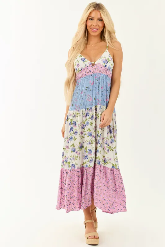 Vanilla Colorblock Multiprint Floral Deep V Maxi Dress sold by Lime Lush