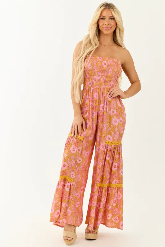 Marigold Floral Print Wide Leg Strapless Jumpsuit sold by Lime Lush