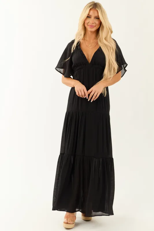 Black Deep V Neck Short Flutter Sleeve Maxi Dress sold by Lime Lush