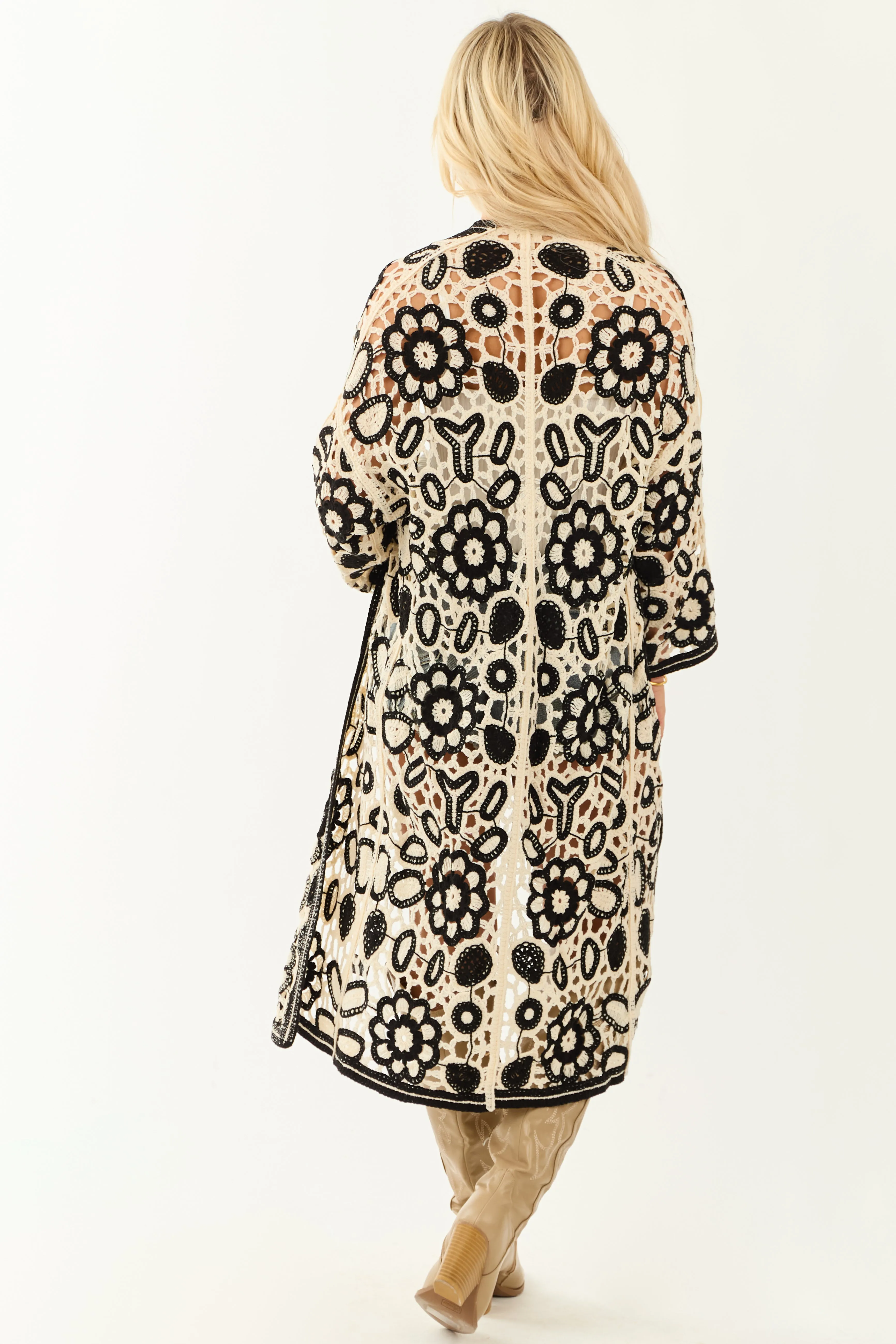 POL Cream and Black Crochet Open Duster Cardigan sold by Lime Lush product image thumbnail 5