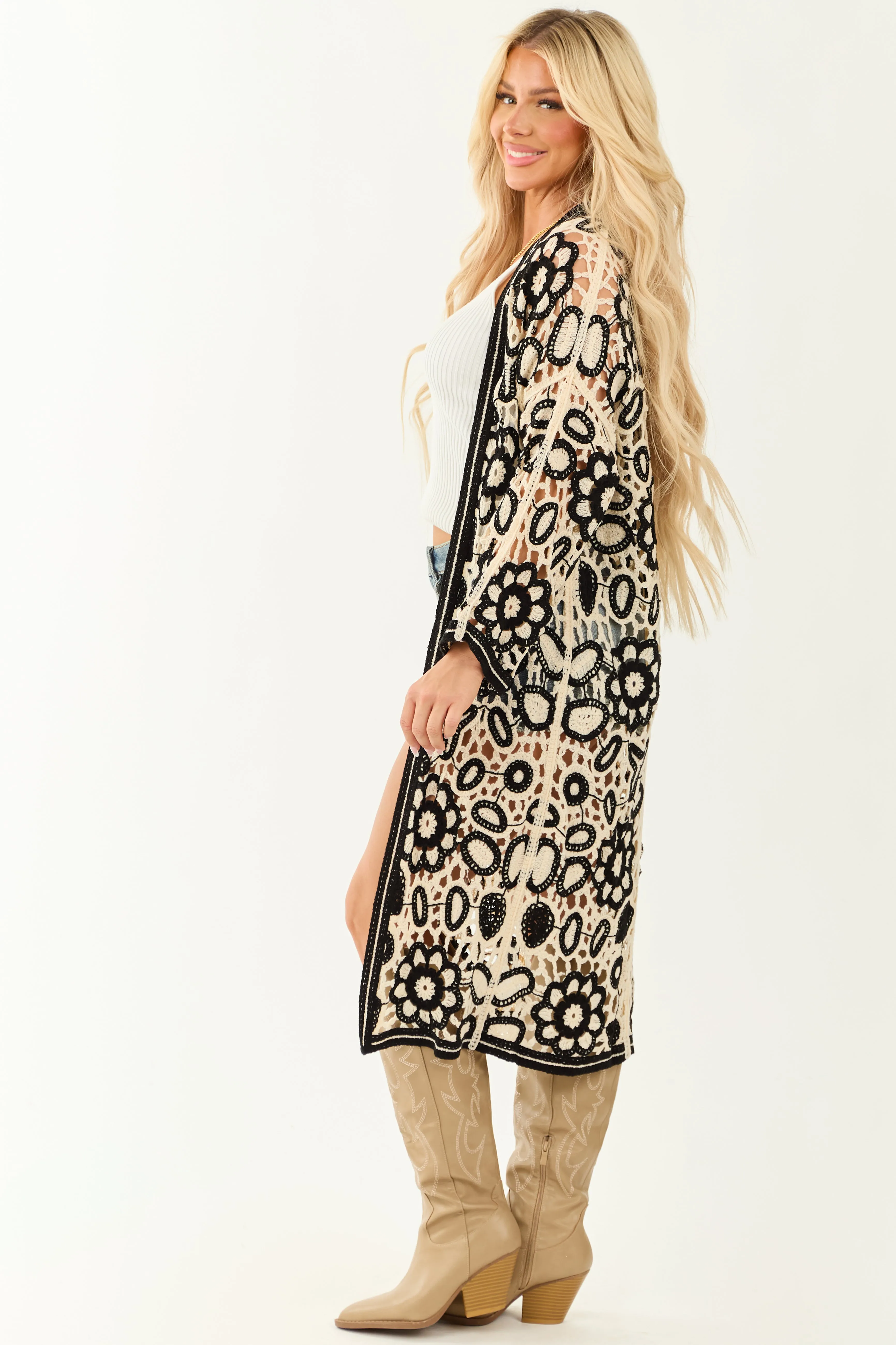 POL Cream and Black Crochet Open Duster Cardigan sold by Lime Lush product image thumbnail 4