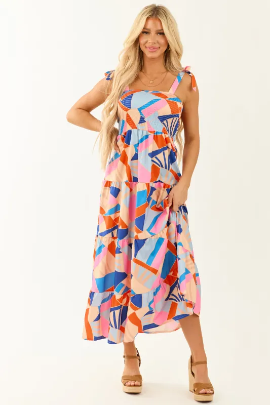 Sky Blue Abstract Print Tie Straps Midi Dress sold by Lime Lush