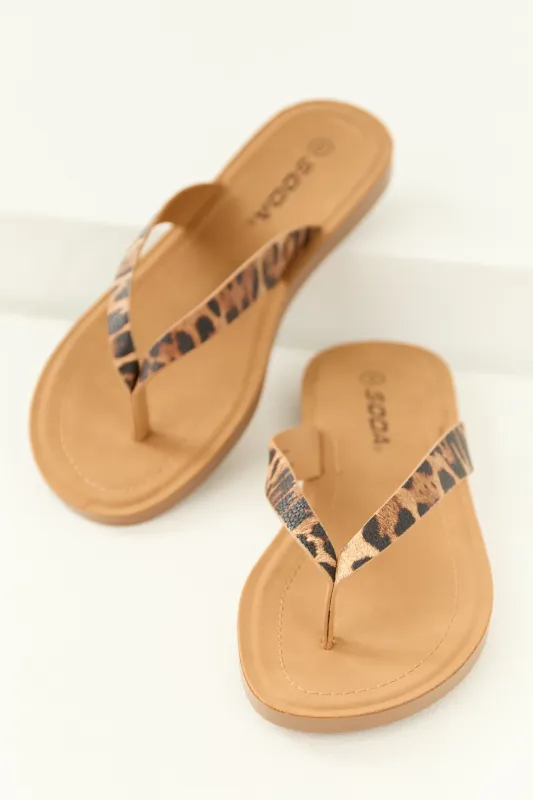 Nude Leopard Print Faux Leather Thong Sandals sold by Lime Lush