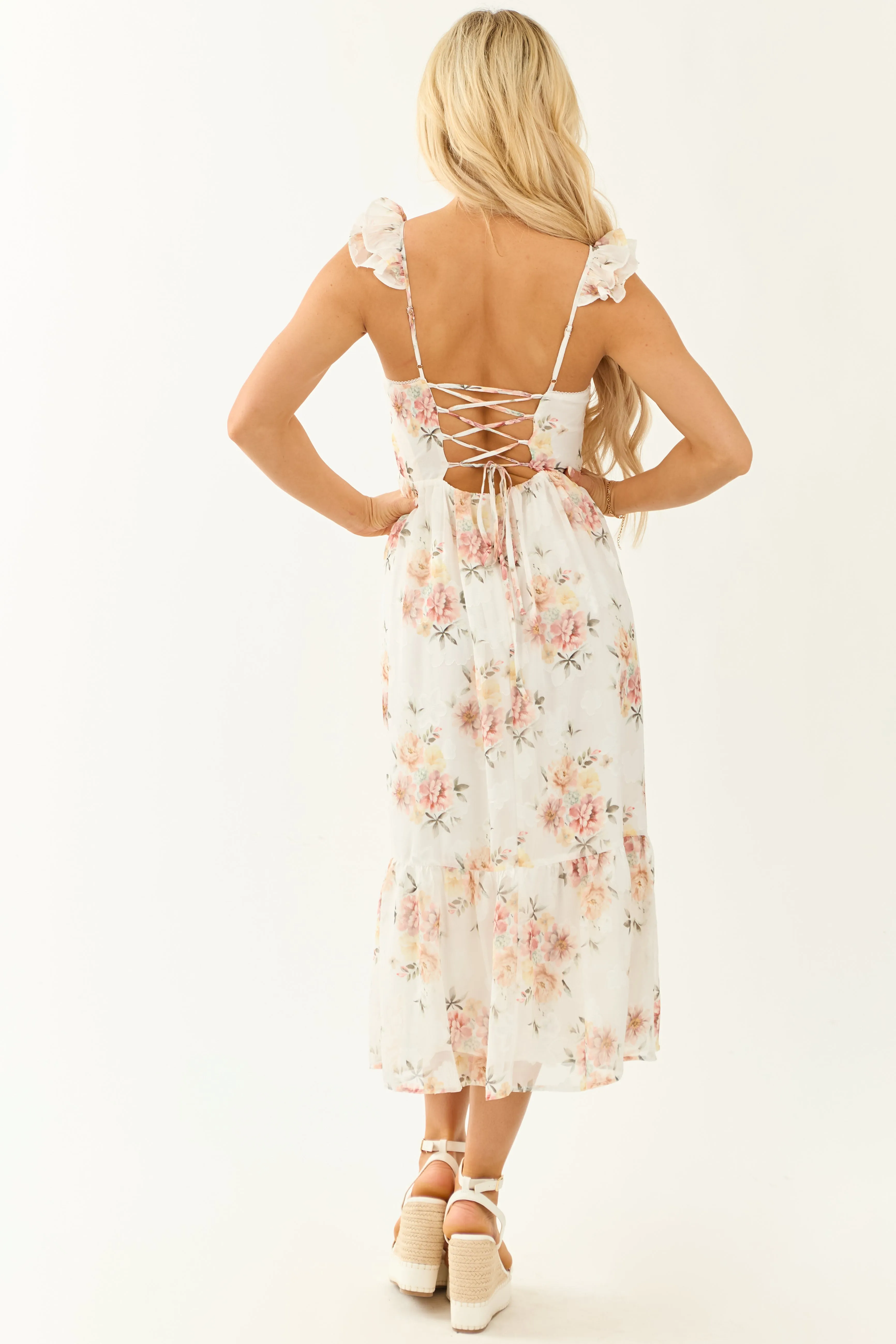 Ivory Floral Chiffon Bustier Ruffle Midi Dress sold by Lime Lush product image thumbnail 5