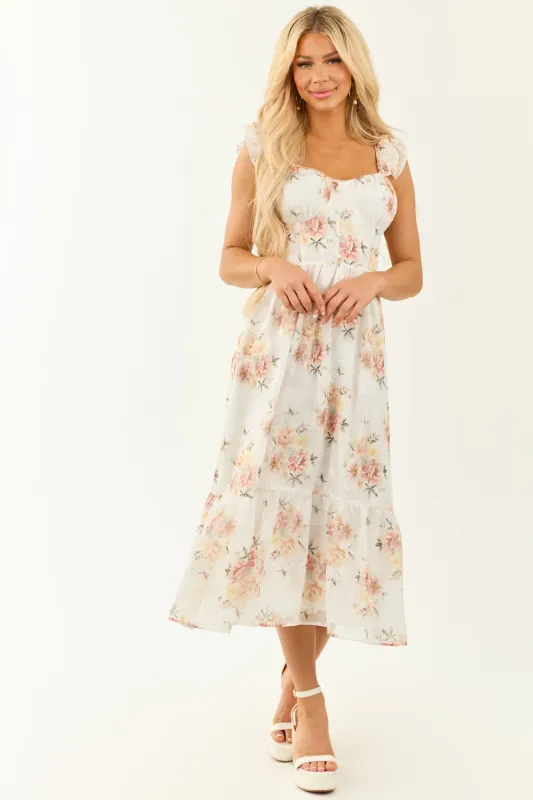 Ivory Floral Chiffon Bustier Ruffle Midi Dress sold by Lime Lush
