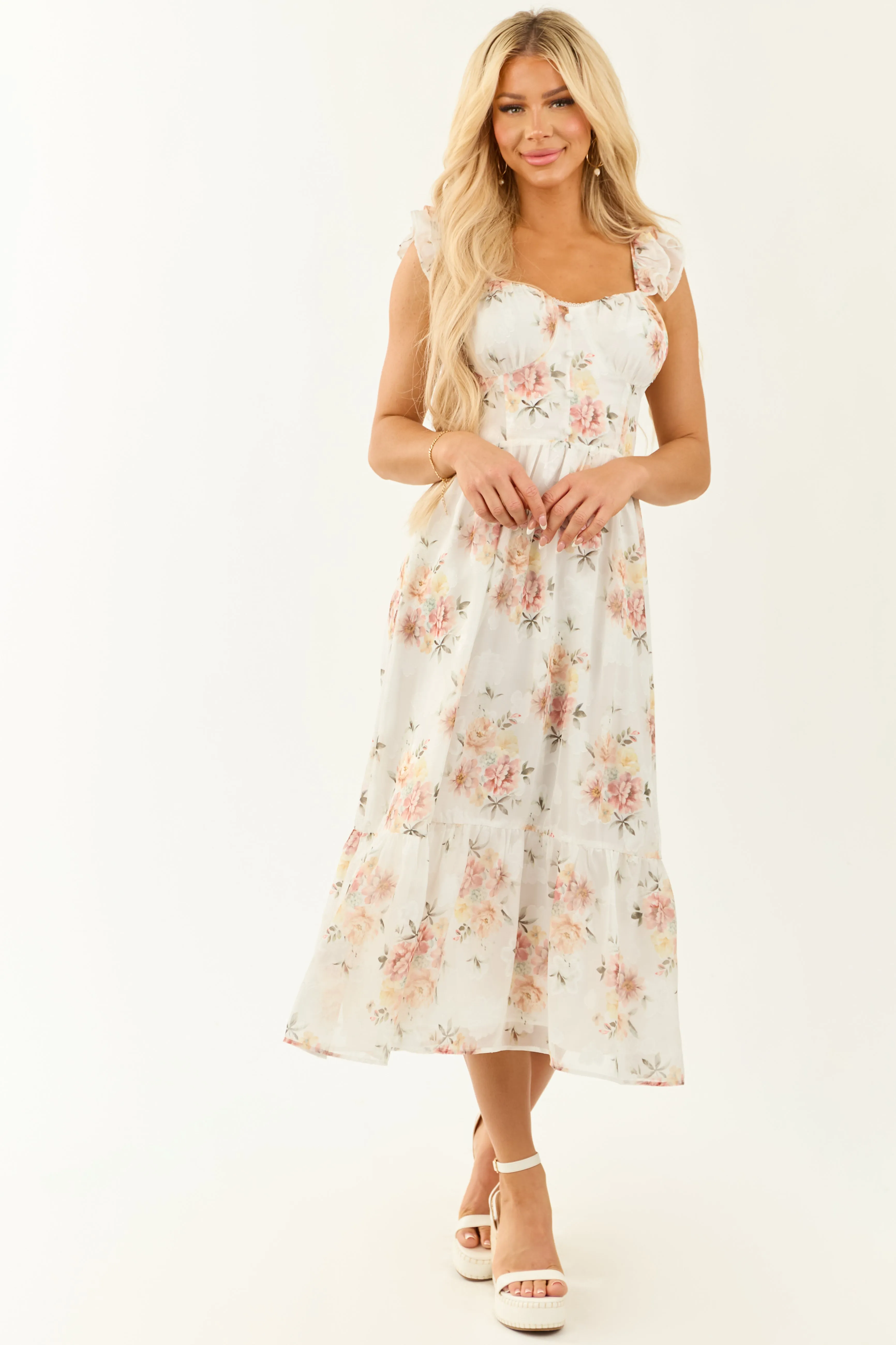 Ivory Floral Chiffon Bustier Ruffle Midi Dress sold by Lime Lush