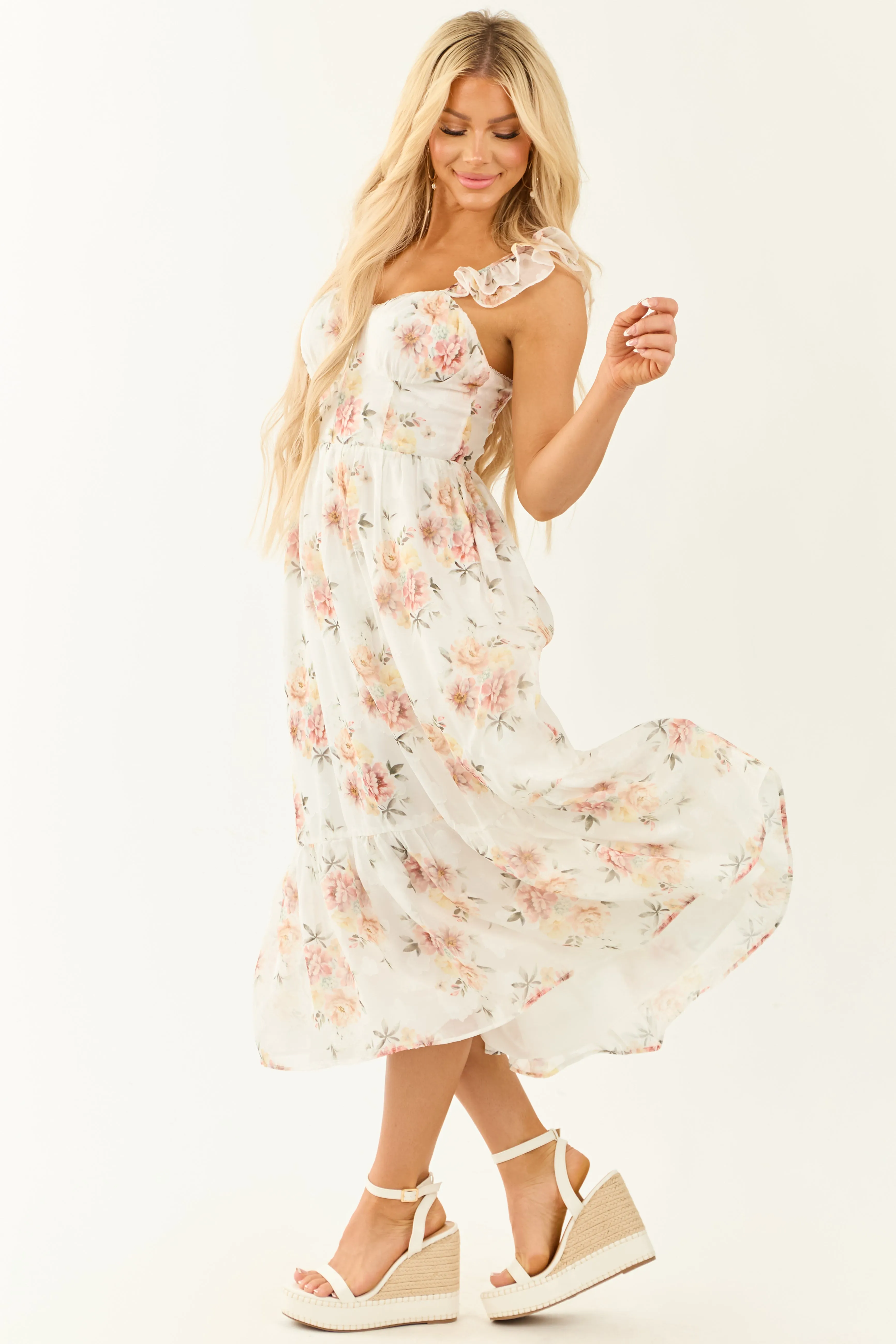 Ivory Floral Chiffon Bustier Ruffle Midi Dress sold by Lime Lush product image thumbnail 4