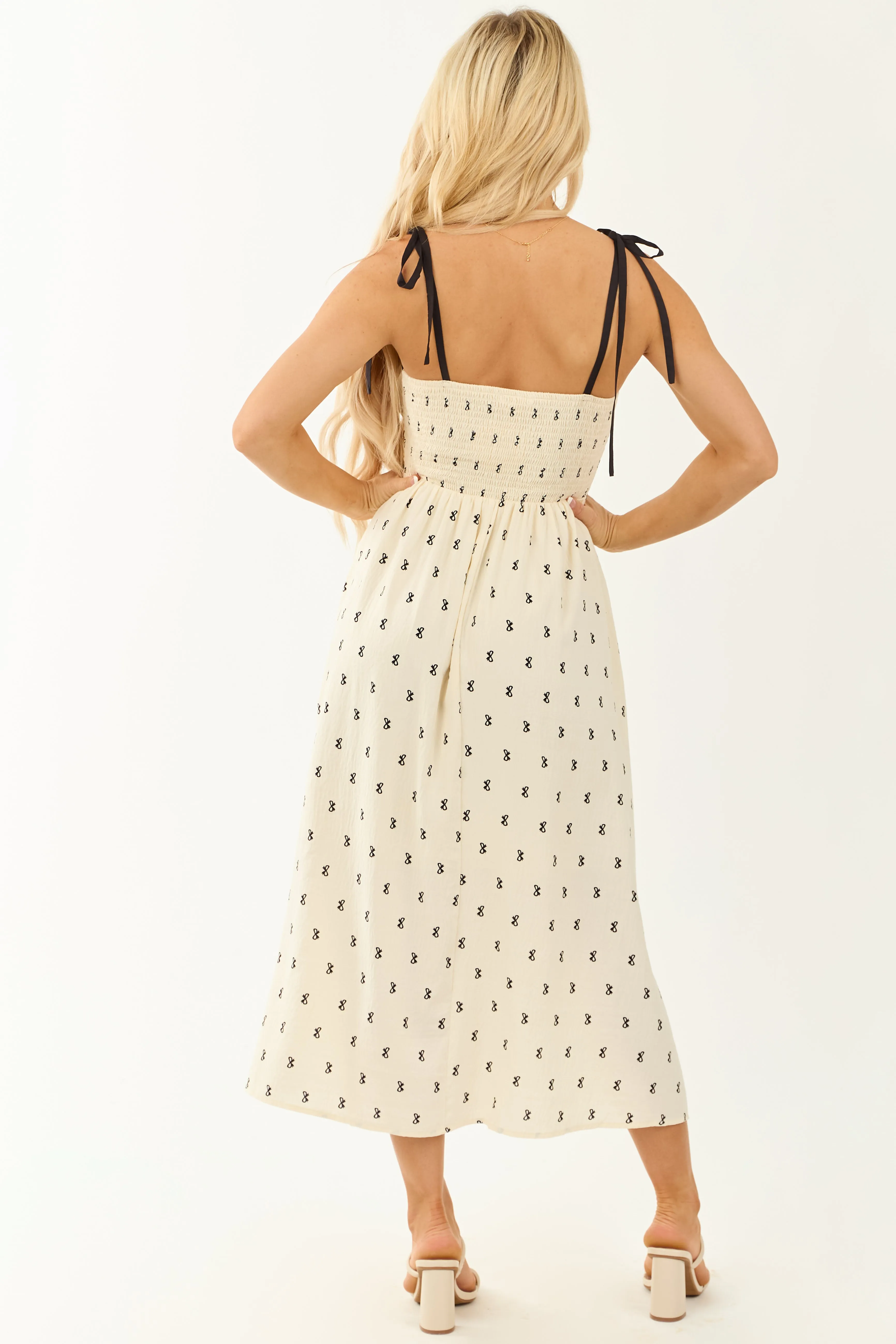 Cream Bow Print Sleeveless Tie Strap Midi Dress sold by Lime Lush product image thumbnail 5