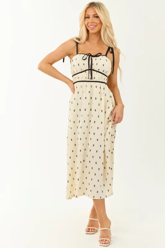 Cream Bow Print Sleeveless Tie Strap Midi Dress made by In February