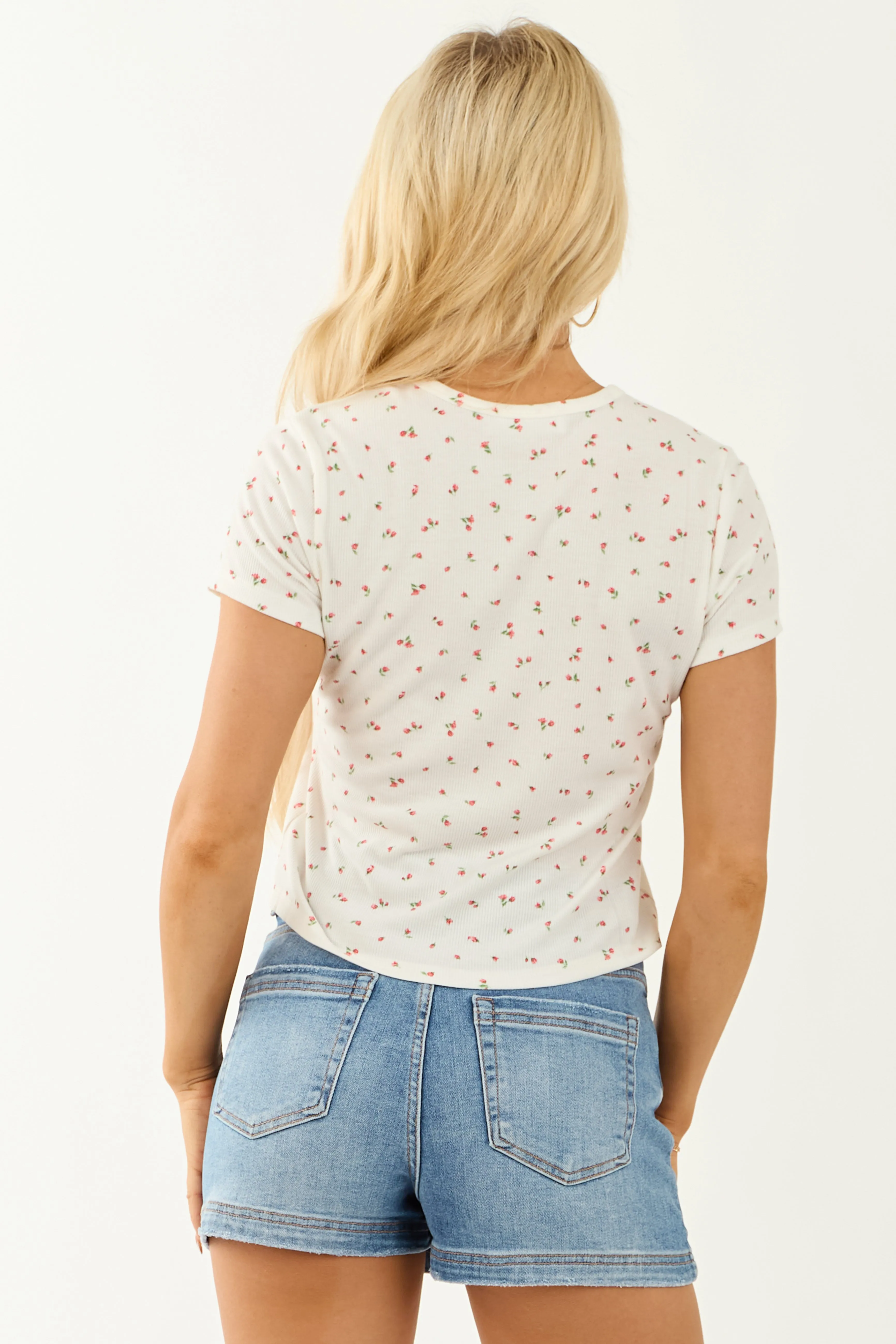 White Floral Print Ribbed Short Sleeve Top sold by Lime Lush product image thumbnail 5