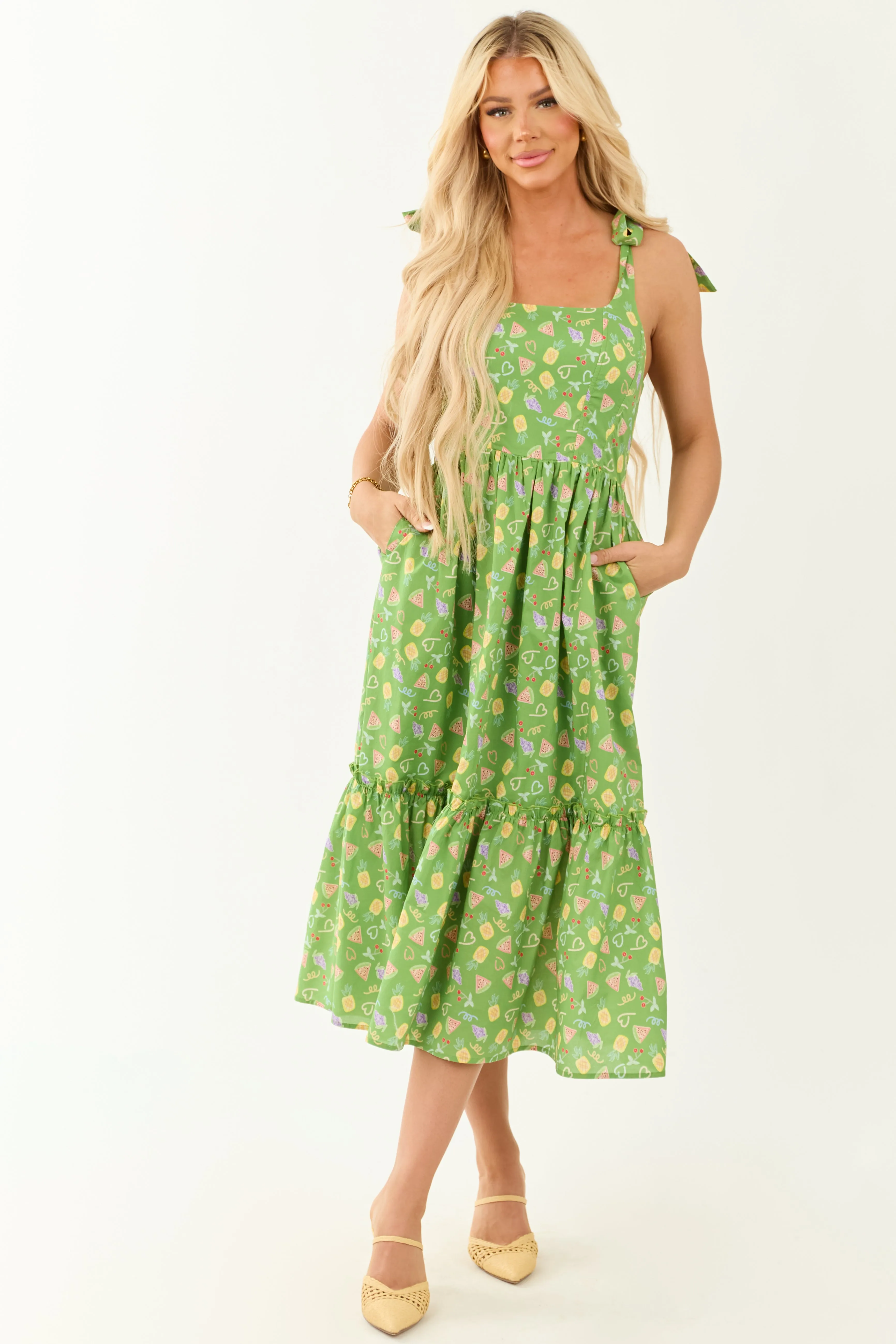 Lovelo Kelly Green Fruit Print Tie Strap Midi Dress sold by Lime Lush product image thumbnail 2