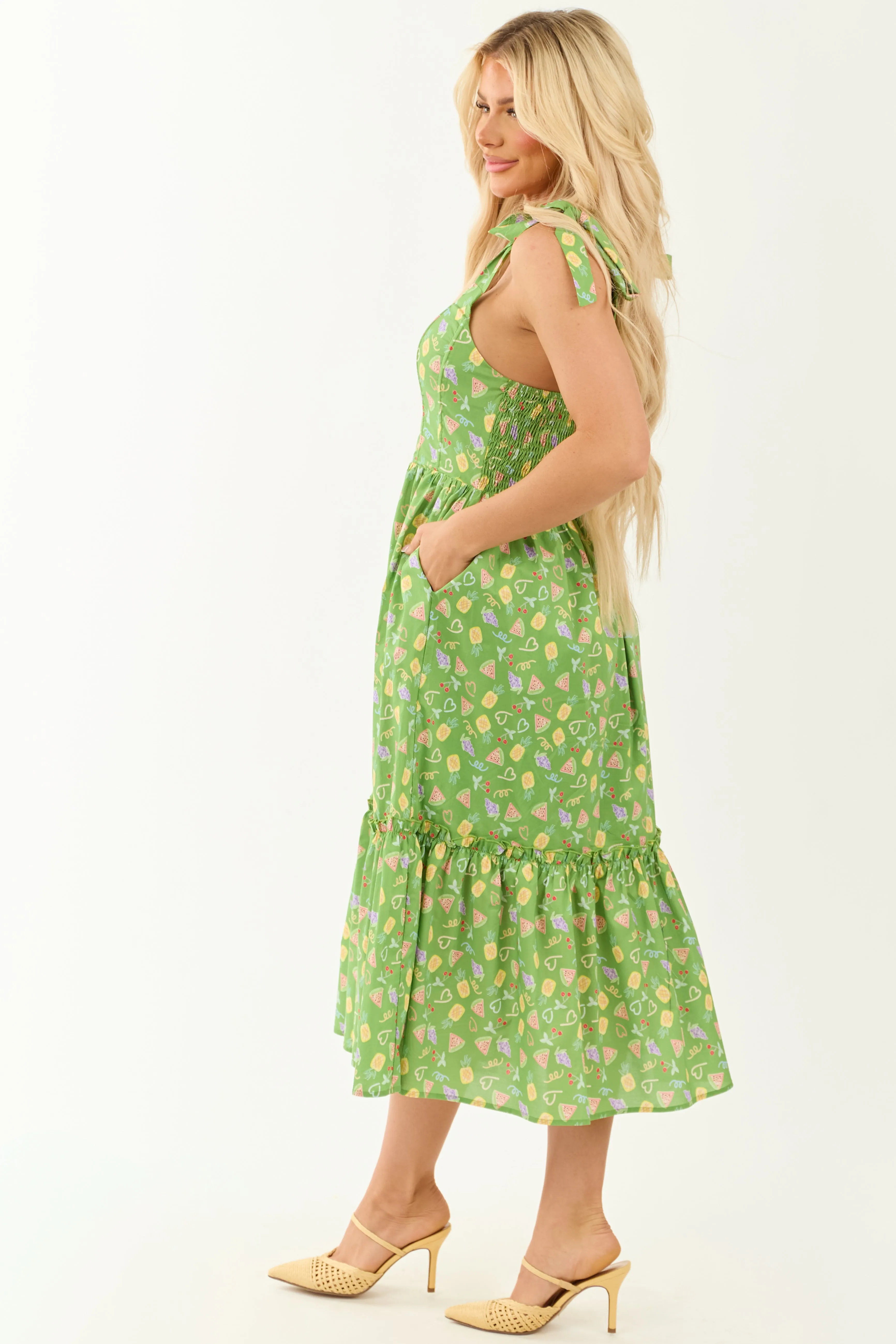 Lovelo Kelly Green Fruit Print Tie Strap Midi Dress sold by Lime Lush product image thumbnail 4