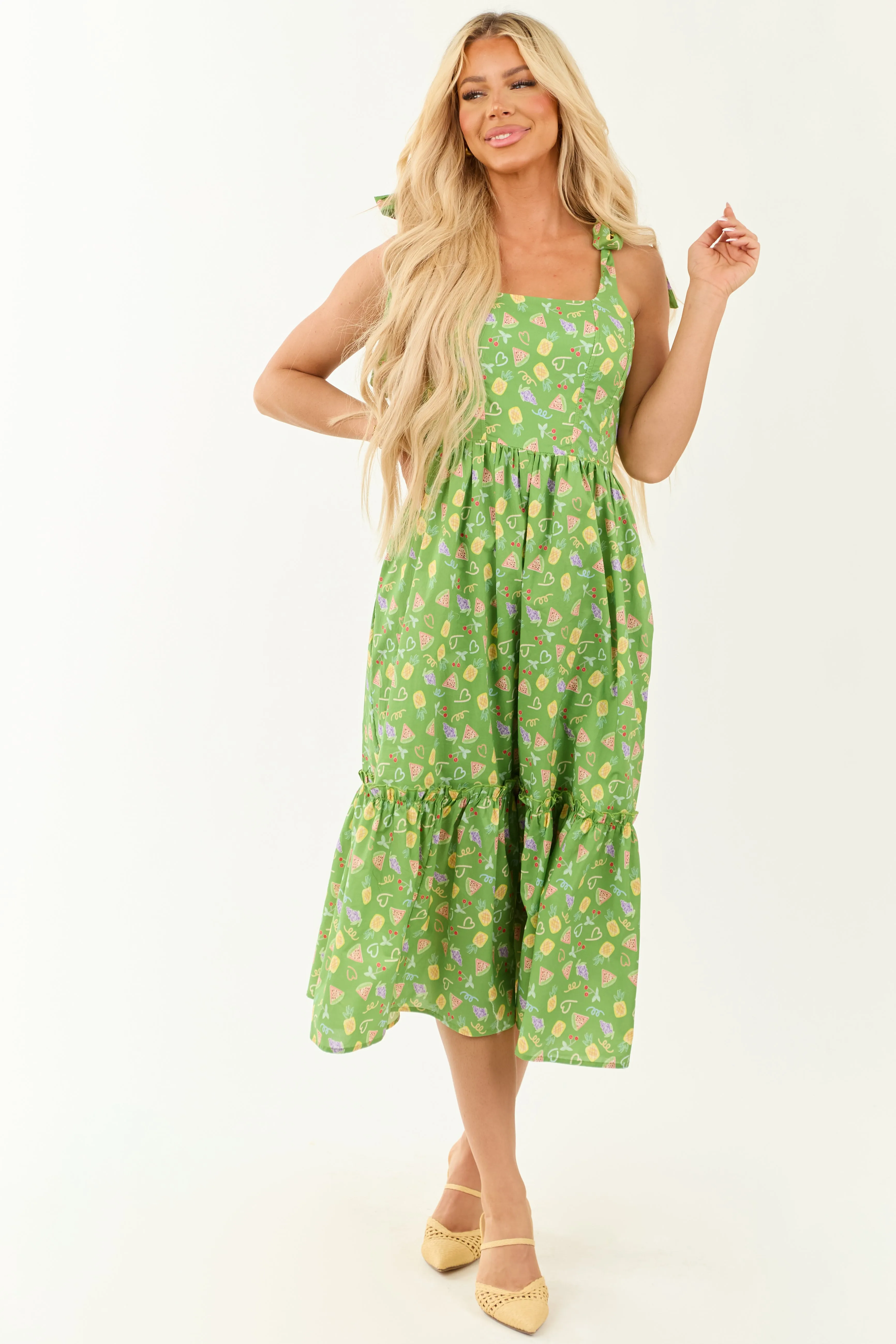 Lovelo Kelly Green Fruit Print Tie Strap Midi Dress sold by Lime Lush product image thumbnail 3