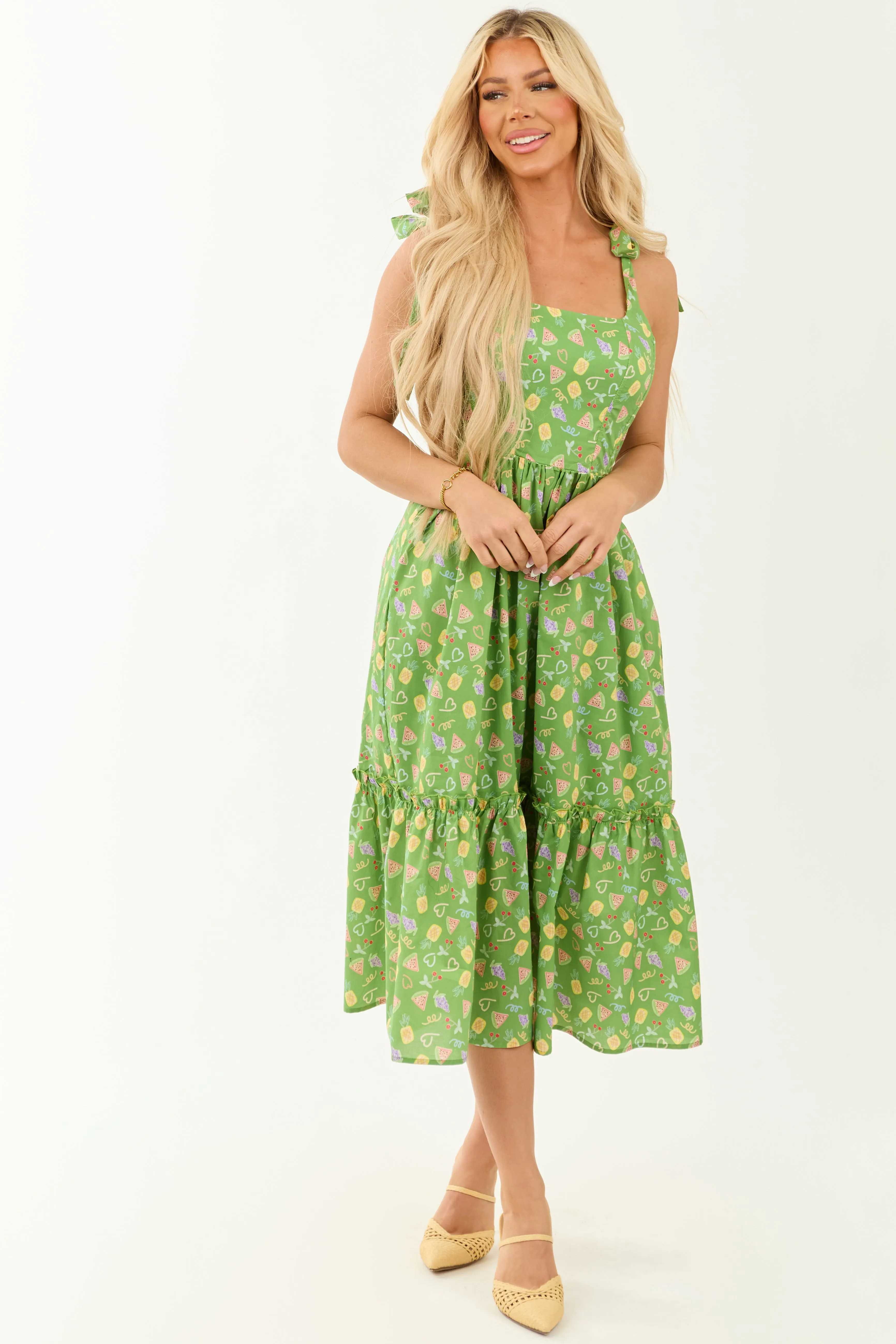 Lovelo Kelly Green Fruit Print Tie Strap Midi Dress sold by Lime Lush