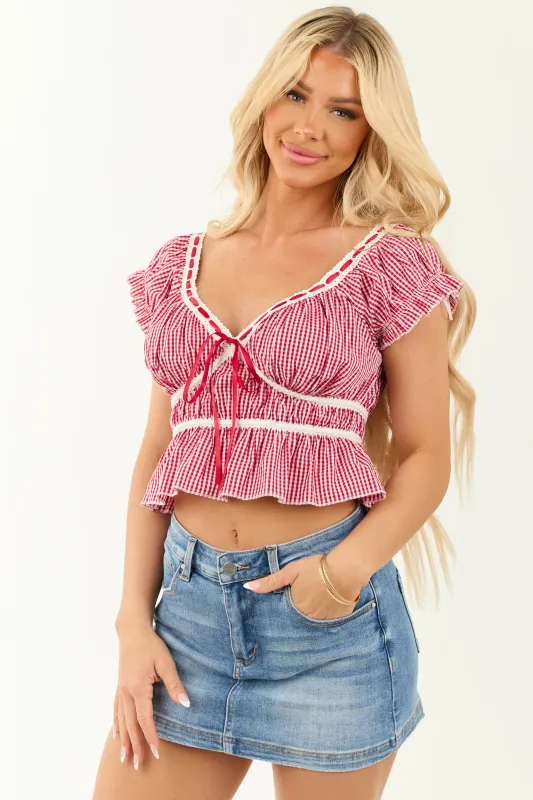 Ruby and Ivory Gingham Peplum V Neck Blouse made by Le Lis