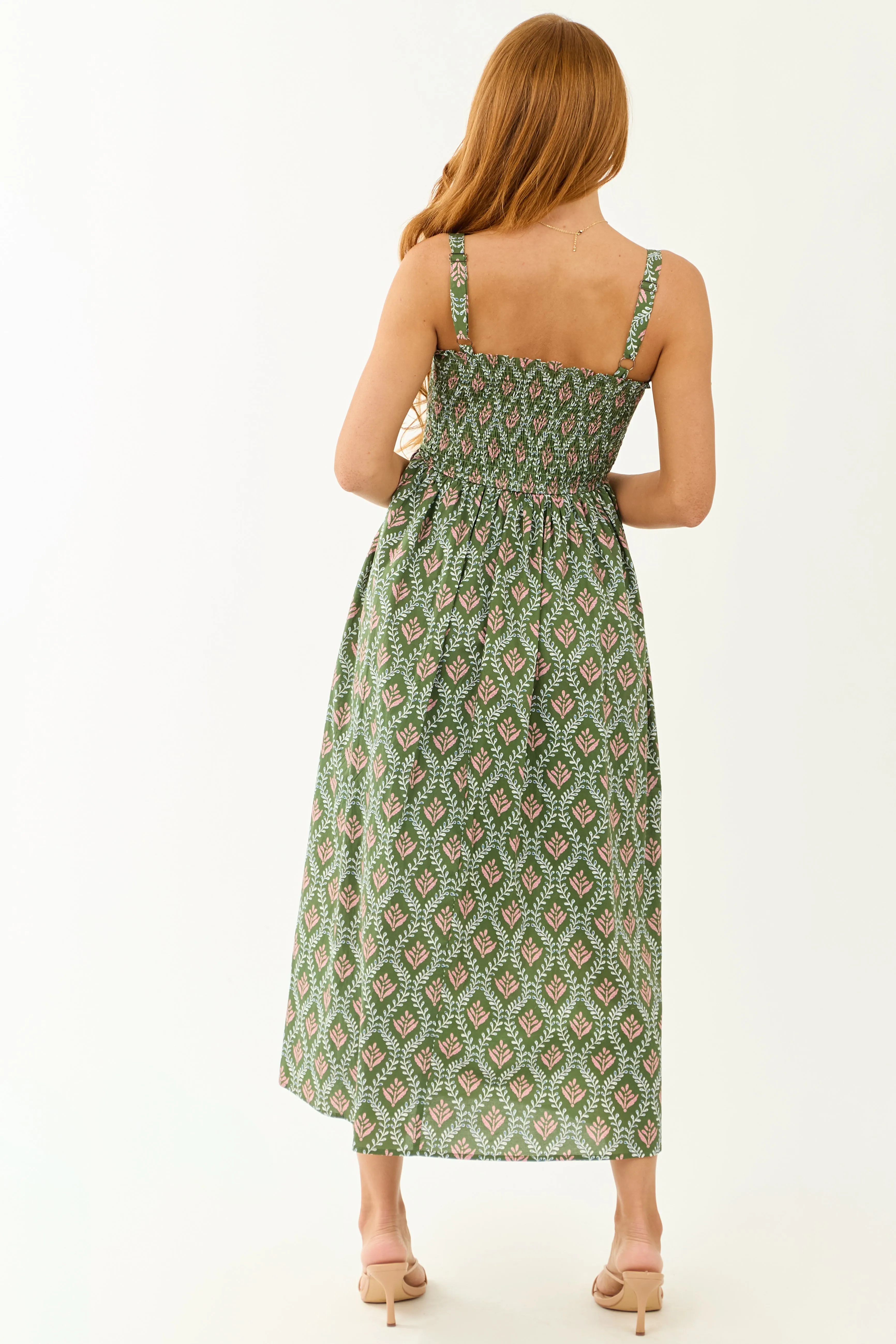 Olive Abstract Print Sleeveless Smocked Midi Dress sold by Lime Lush product image thumbnail 5