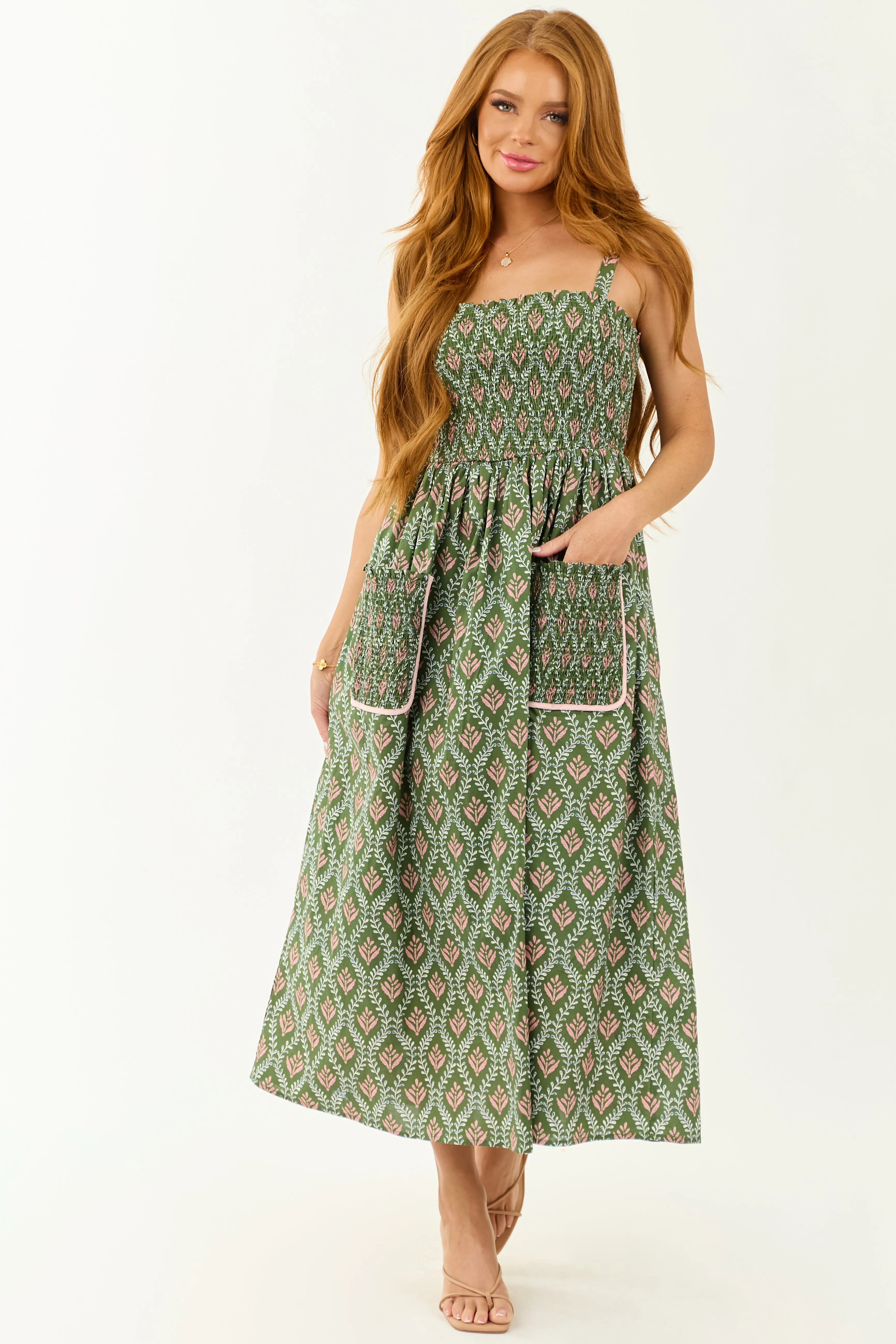 Olive Abstract Print Sleeveless Smocked Midi Dress sold by Lime Lush product image thumbnail 3