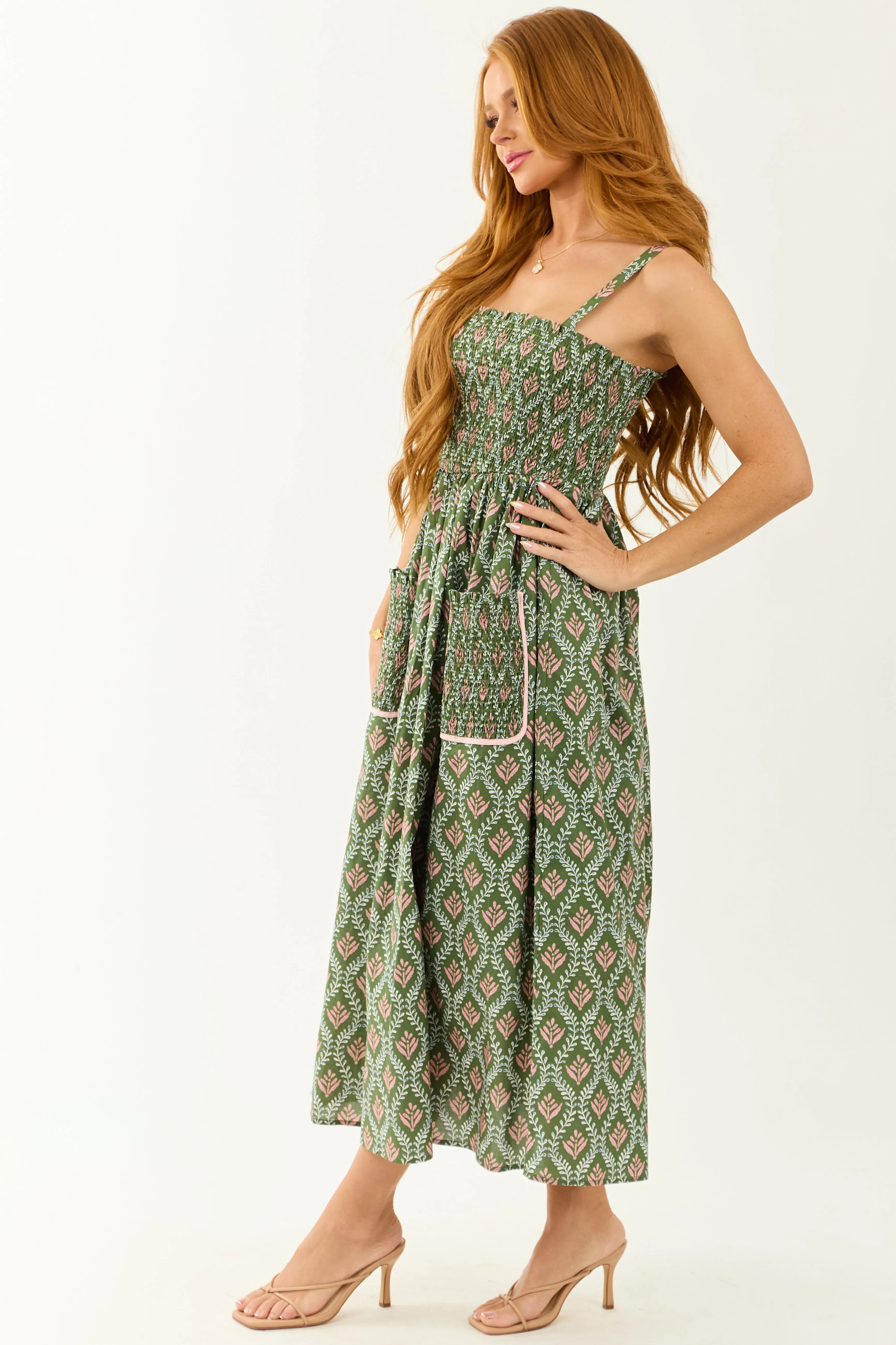 Olive Abstract Print Sleeveless Smocked Midi Dress sold by Lime Lush product image thumbnail 4