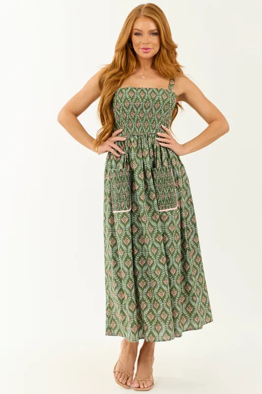 Olive Abstract Print Sleeveless Smocked Midi Dress sold by Lime Lush