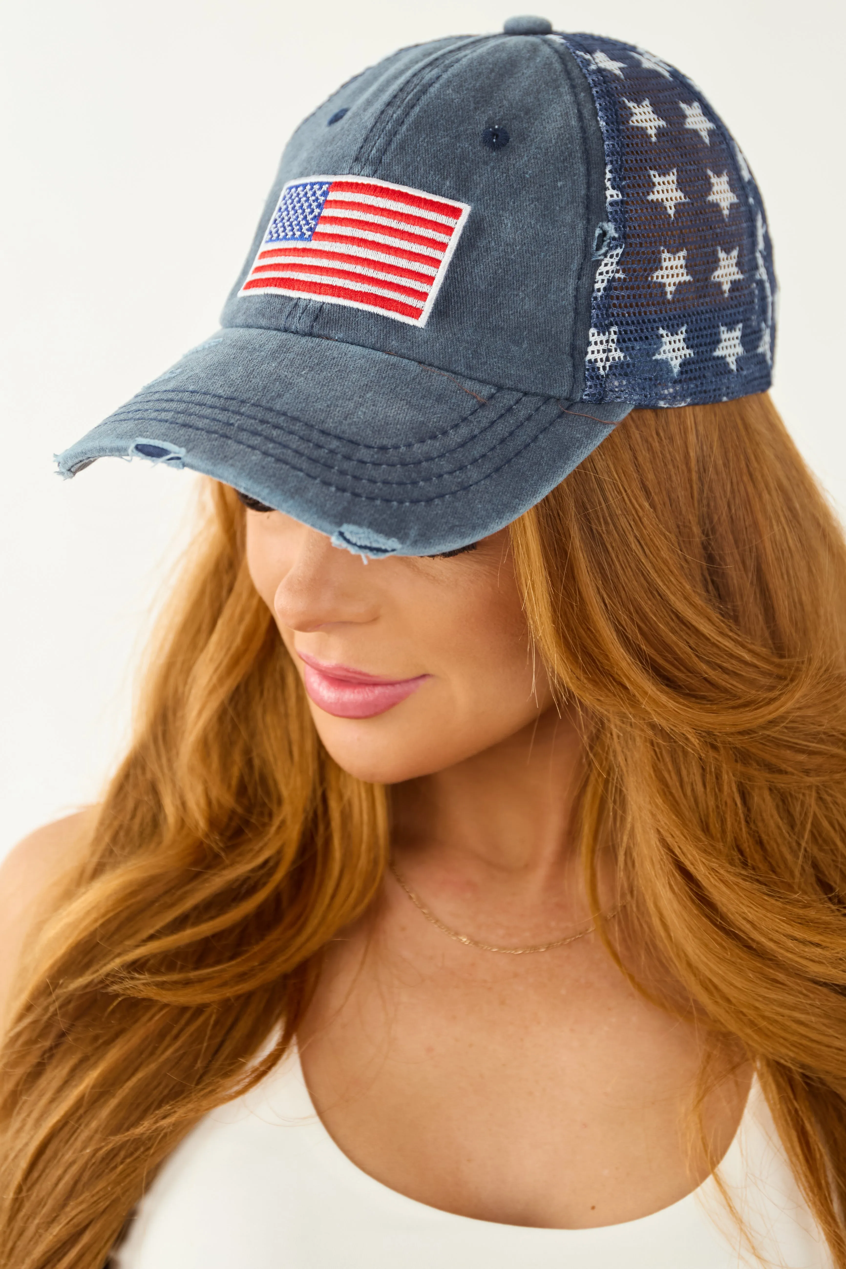 Dusty Blue Flag Embroidered Star Trucker Hat sold by Lime Lush