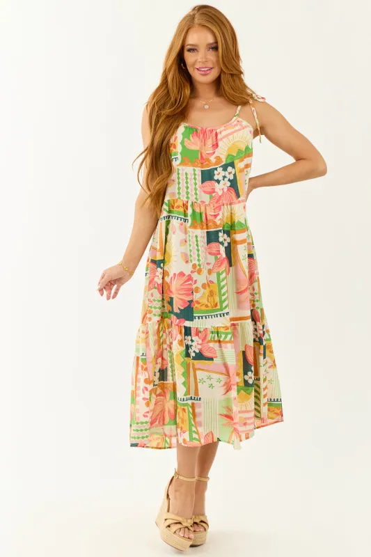 Ivory Abstract Print Tie Straps Midi Dress sold by Lime Lush