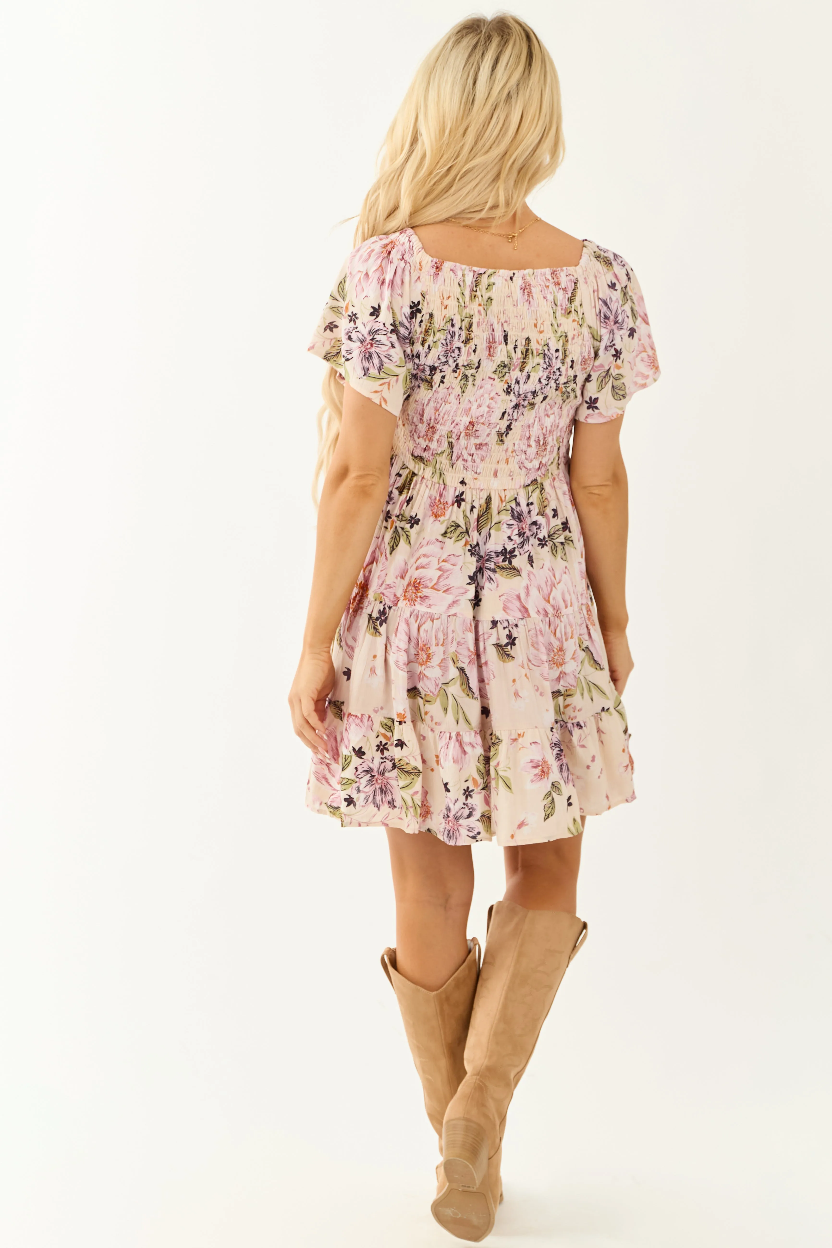 Champagne Floral Print Smocked V Neck Mini Dress sold by Lime Lush product image thumbnail 5