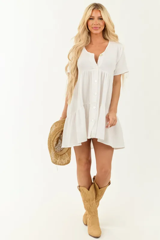 Off White Button Down Tiered Mini Dress sold by Lime Lush