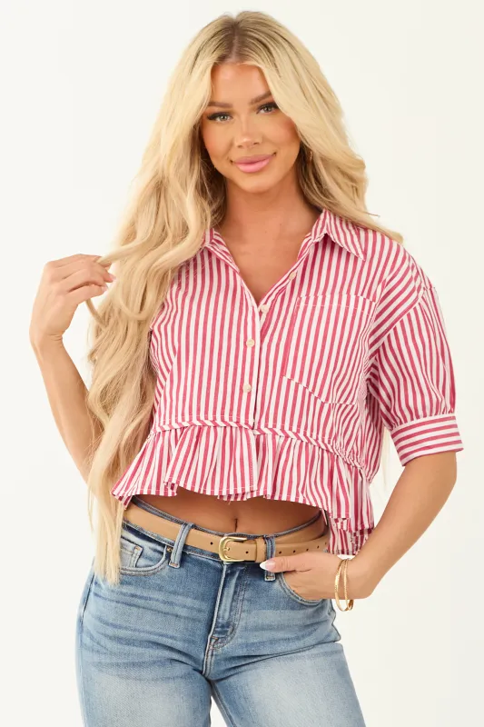 Ruby and White Striped Button Down 3/4 Sleeve Top made by Papermoon