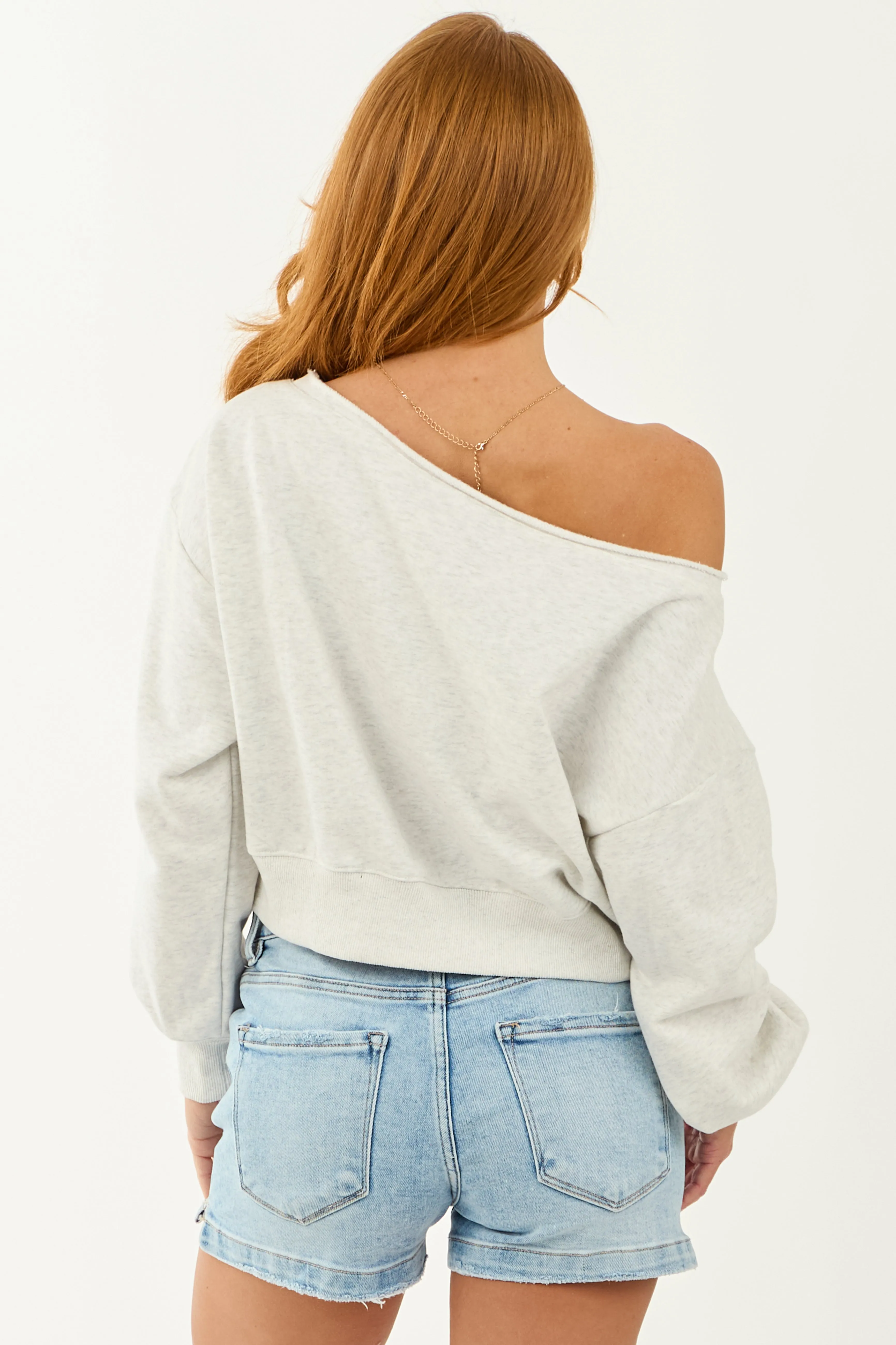 Heather Grey Off Shoulder Cropped Sweatshirt sold by Lime Lush product image thumbnail 5