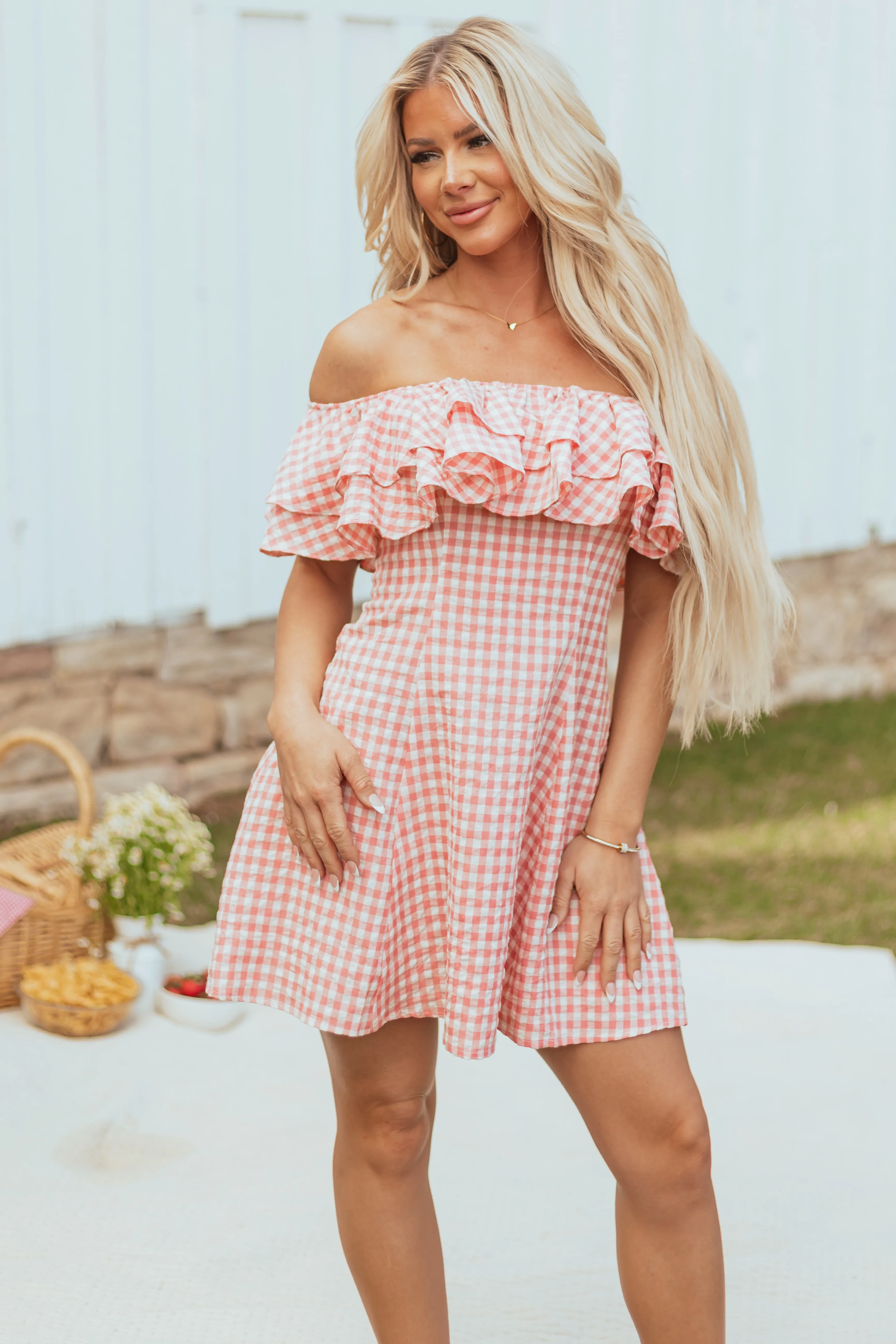 Cherry Blossom Off Shoulder Gingham Ruffle Mini Dress sold by Lime Lush