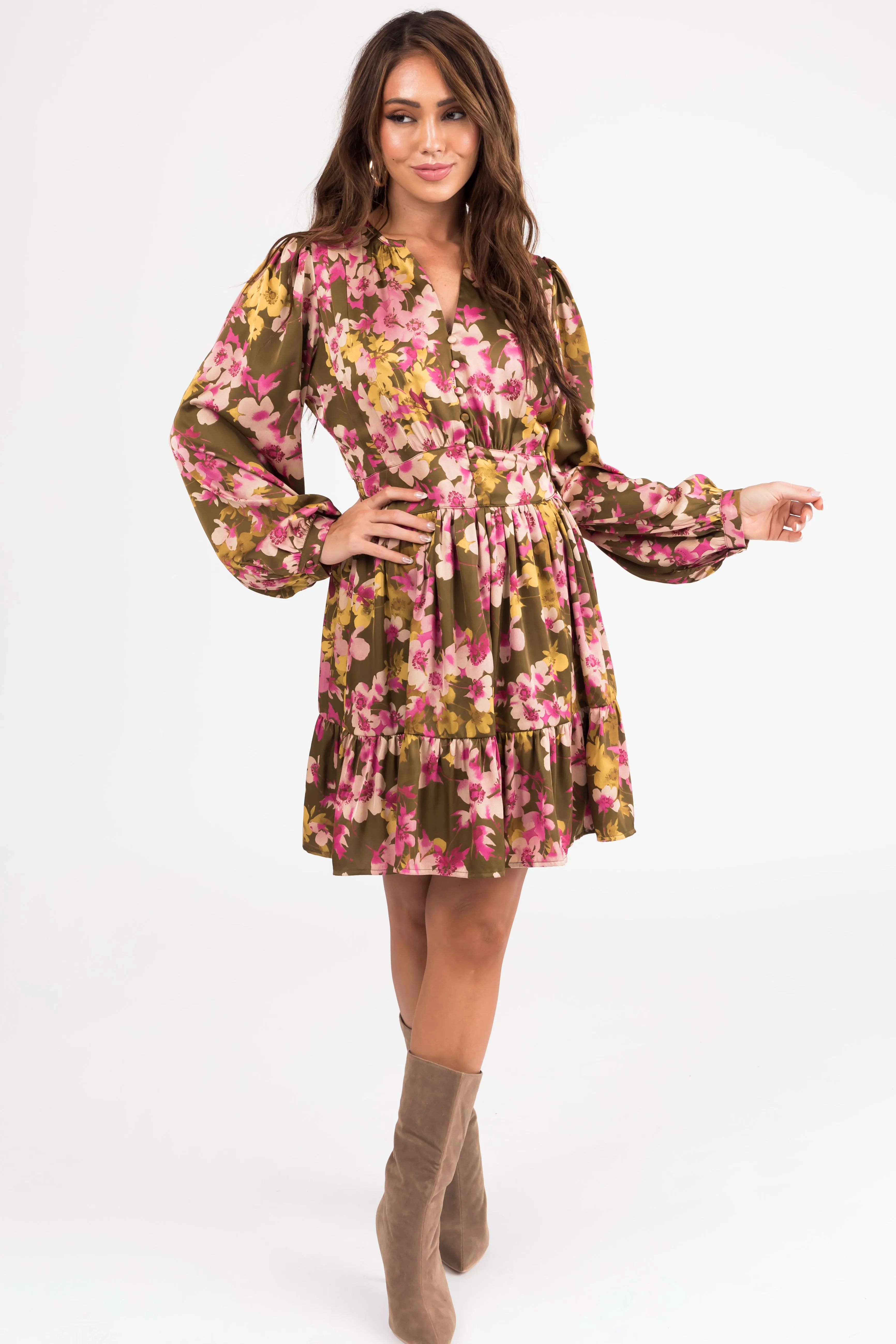 Olive Floral Print Ruffle Hem Mini Dress sold by Lime Lush