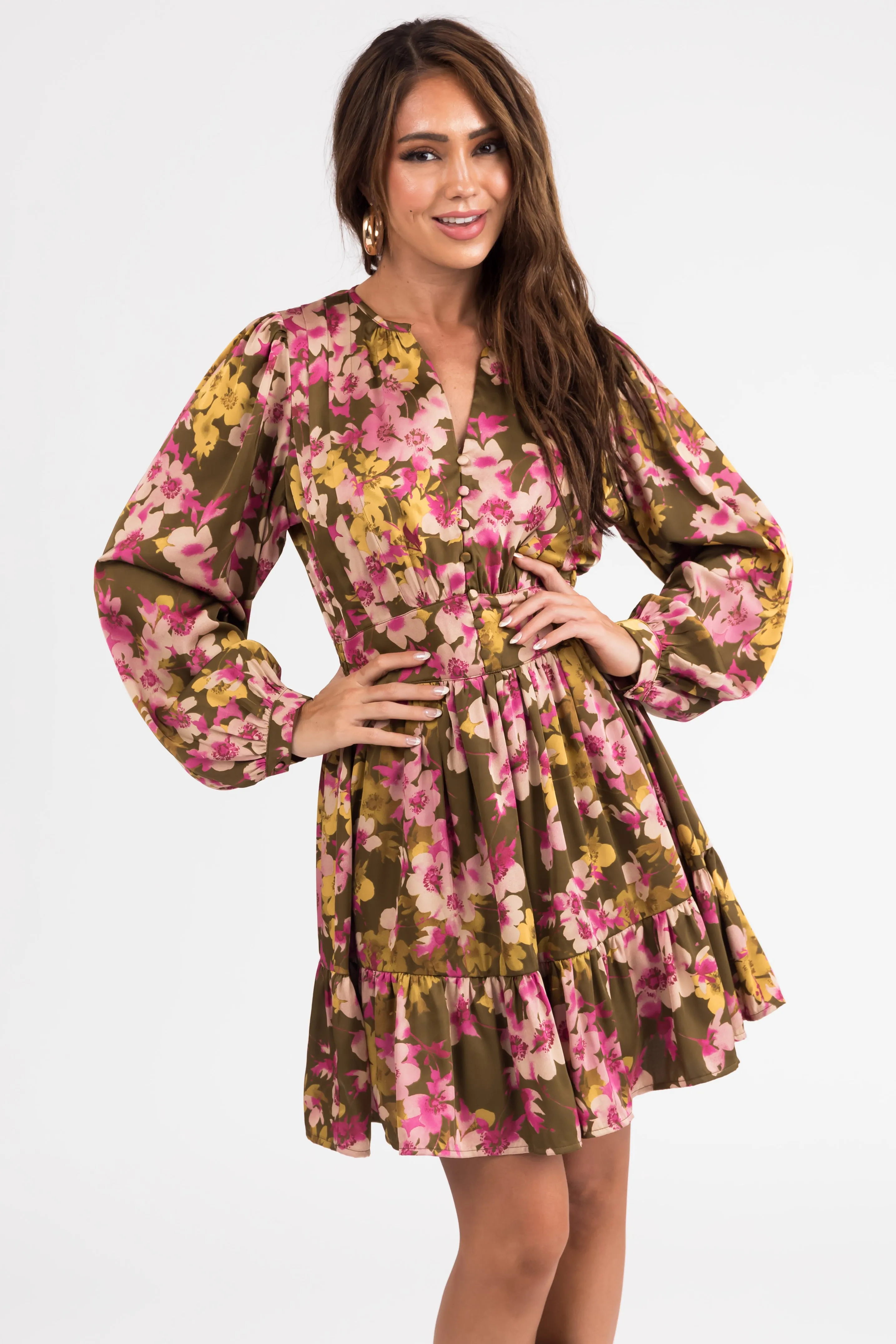 Olive Floral Print Ruffle Hem Mini Dress sold by Lime Lush product image thumbnail 3