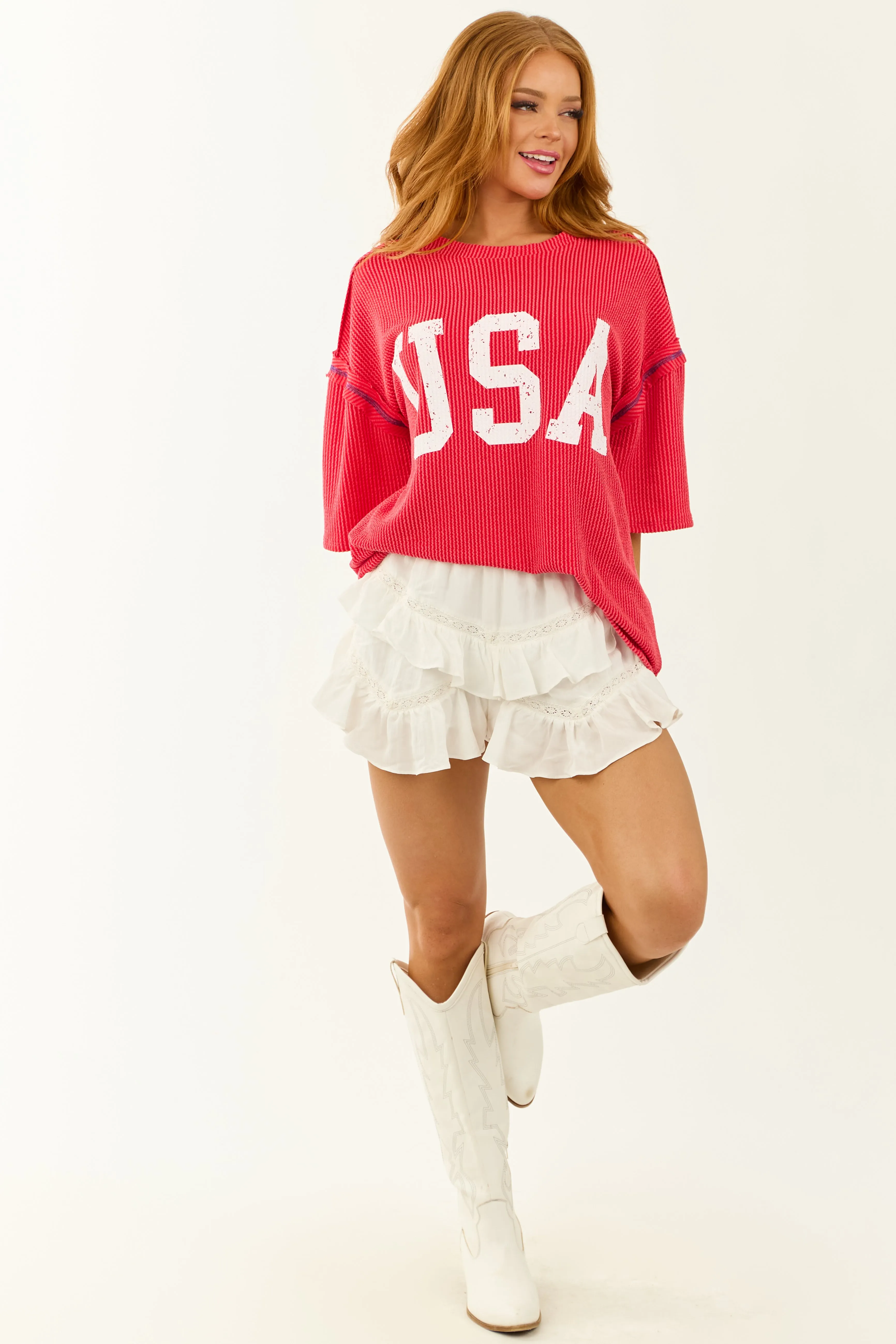Crimson 'USA' Graphic Soft Knit Half Sleeve Boxy Tee sold by Lime Lush product image thumbnail 4
