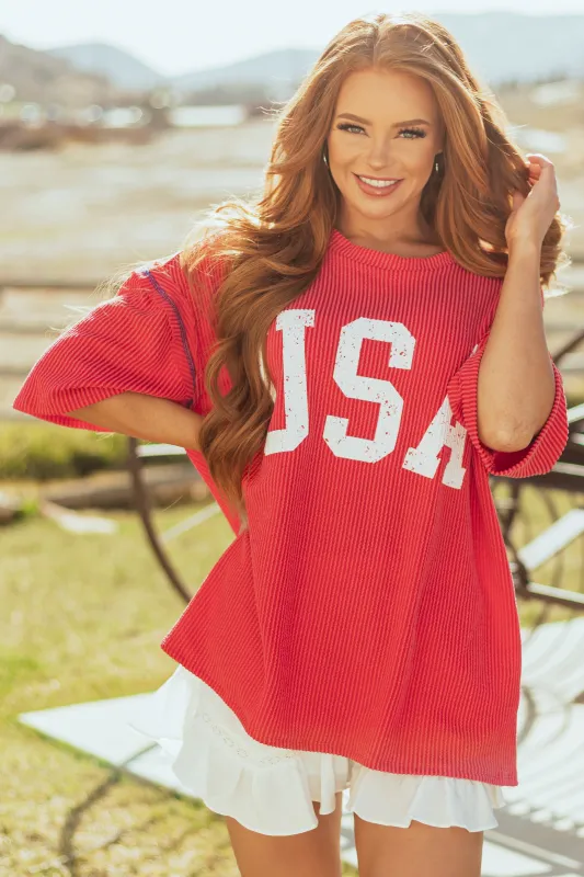 Crimson 'USA' Graphic Soft Knit Half Sleeve Boxy Tee sold by Lime Lush